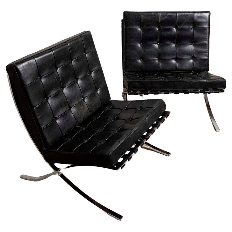 Pair of 1950s Mies van der Rohe Chrome and Black Leather Barcelona Chairs For Sale