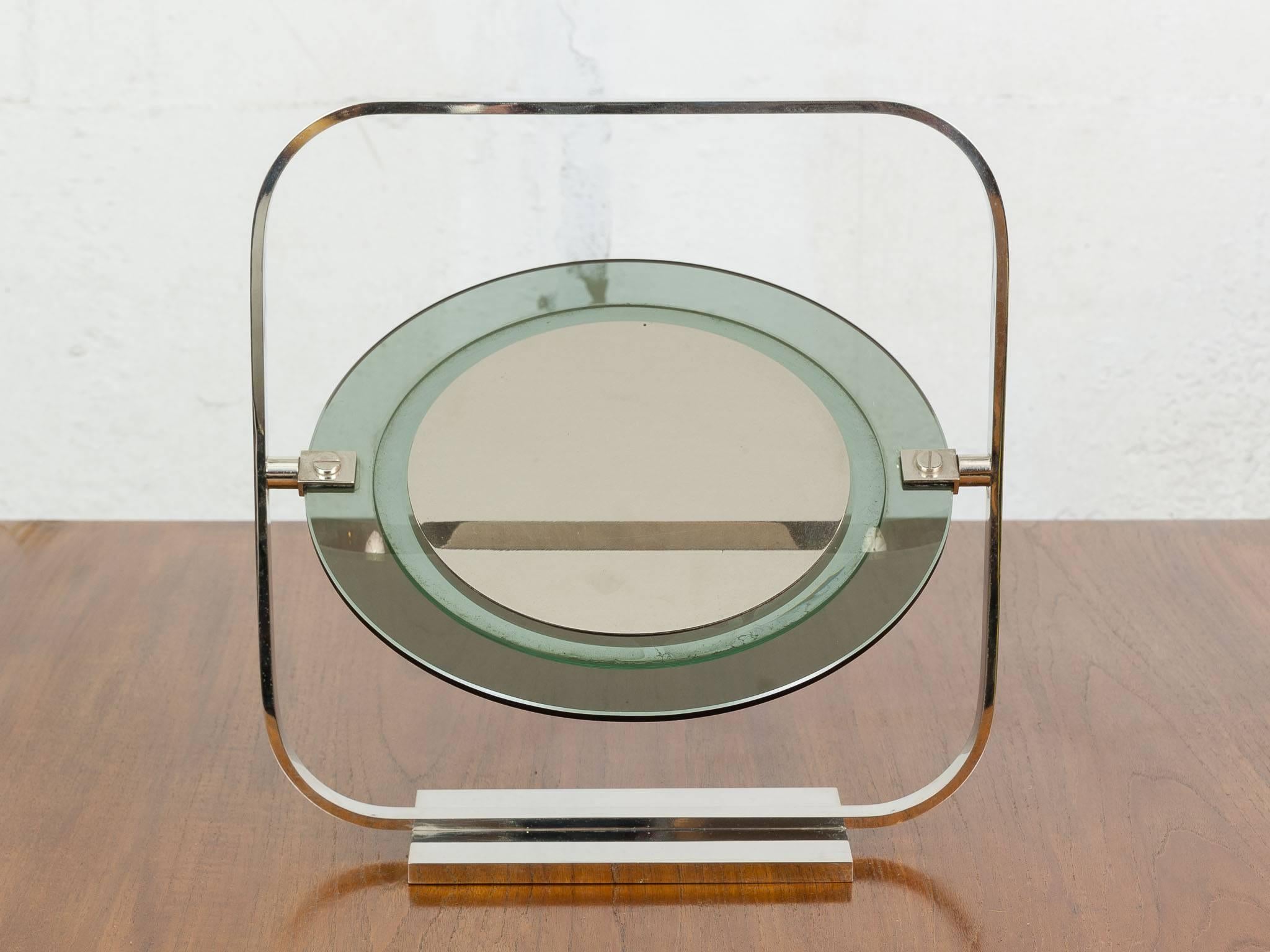Italian Vintage Chrome and Green Tinted Glass Vanity Mirror Engraved by Christian Dior