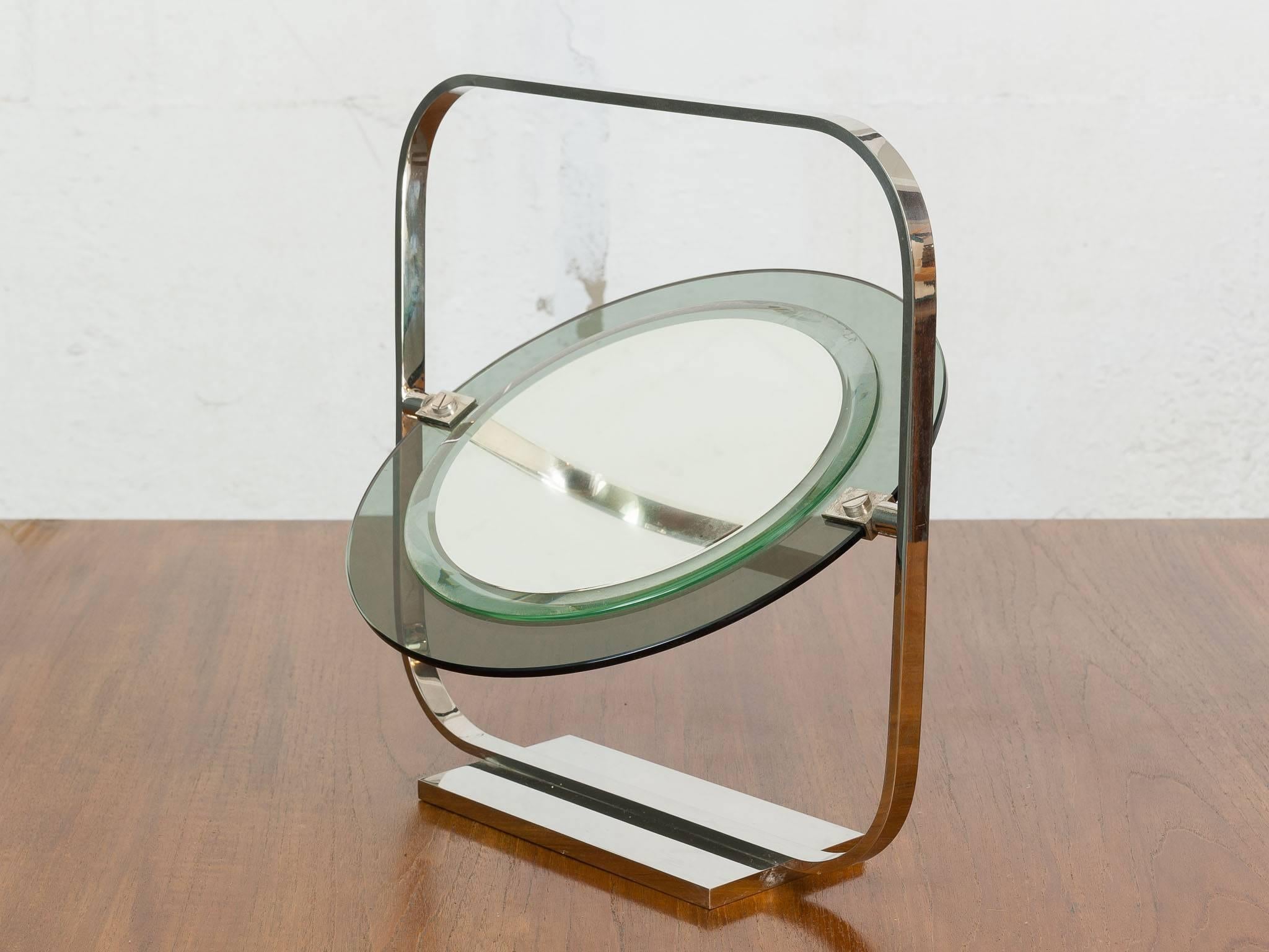 Vintage Chrome and Green Tinted Glass Vanity Mirror Engraved by Christian Dior In Good Condition In London, GB