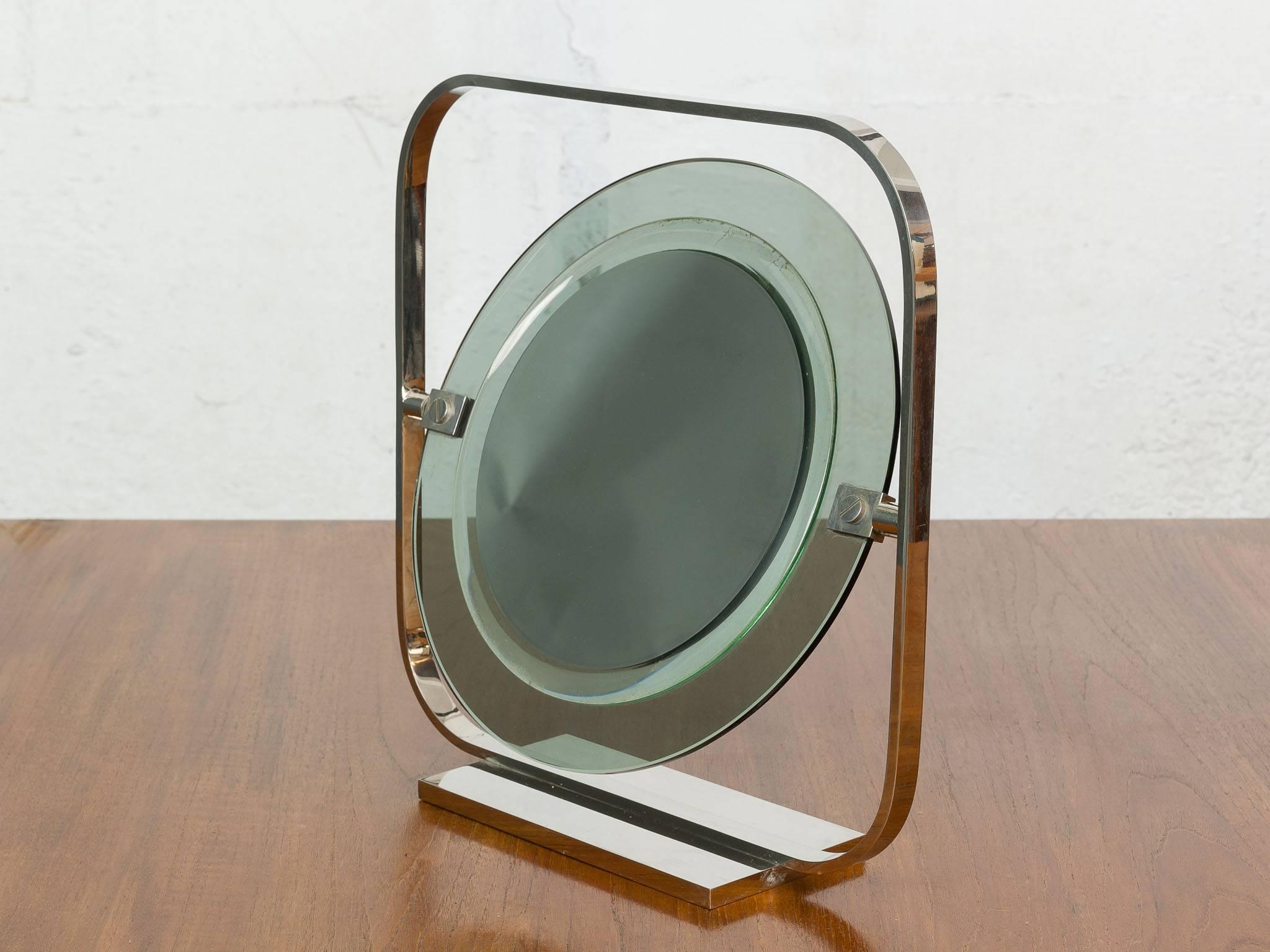 20th Century Vintage Chrome and Green Tinted Glass Vanity Mirror Engraved by Christian Dior