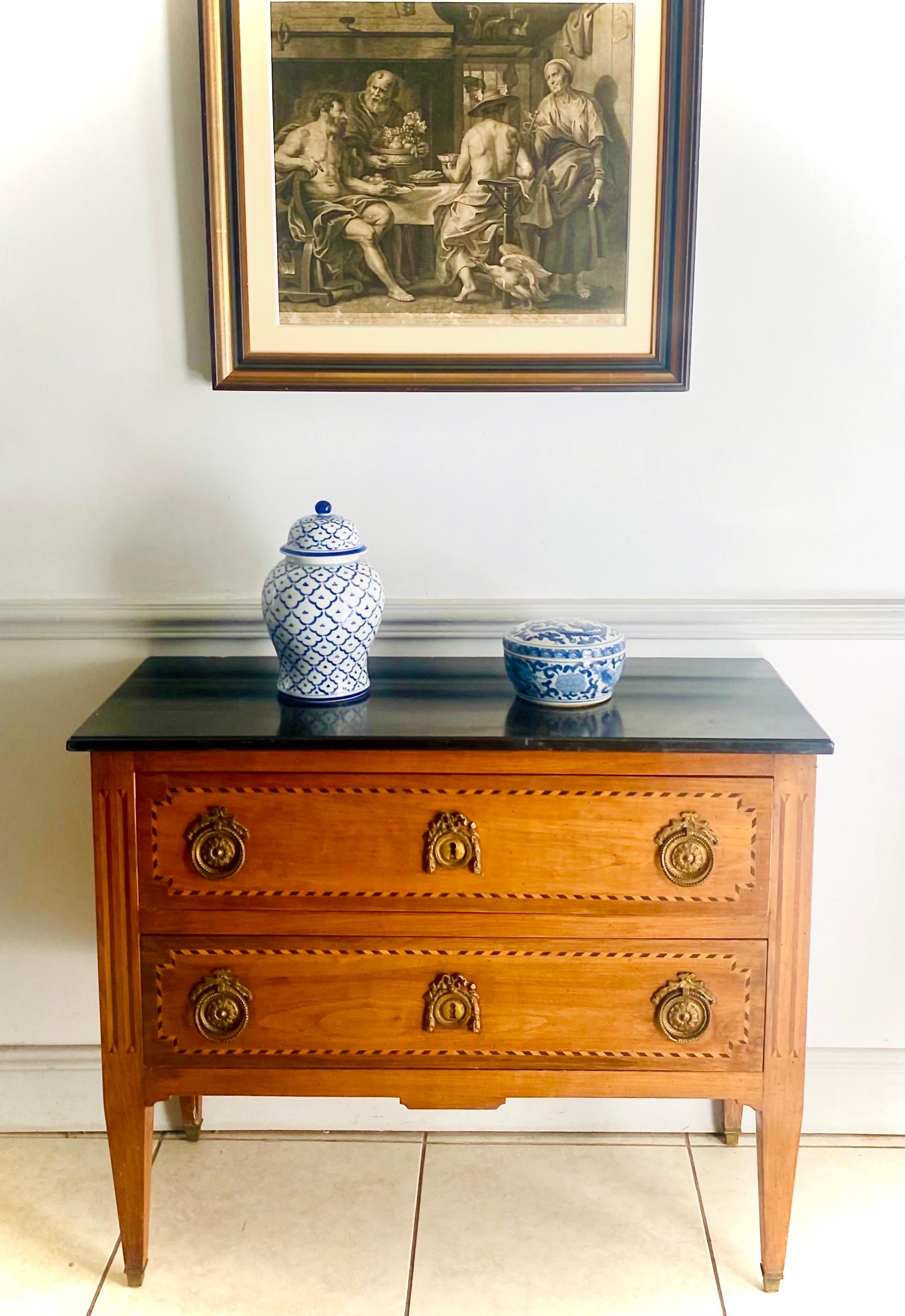 French Commode Chest of Drawers Louis XVI 18th - Black Marble Marquetry - France In Good Condition For Sale In Beuzevillette, FR