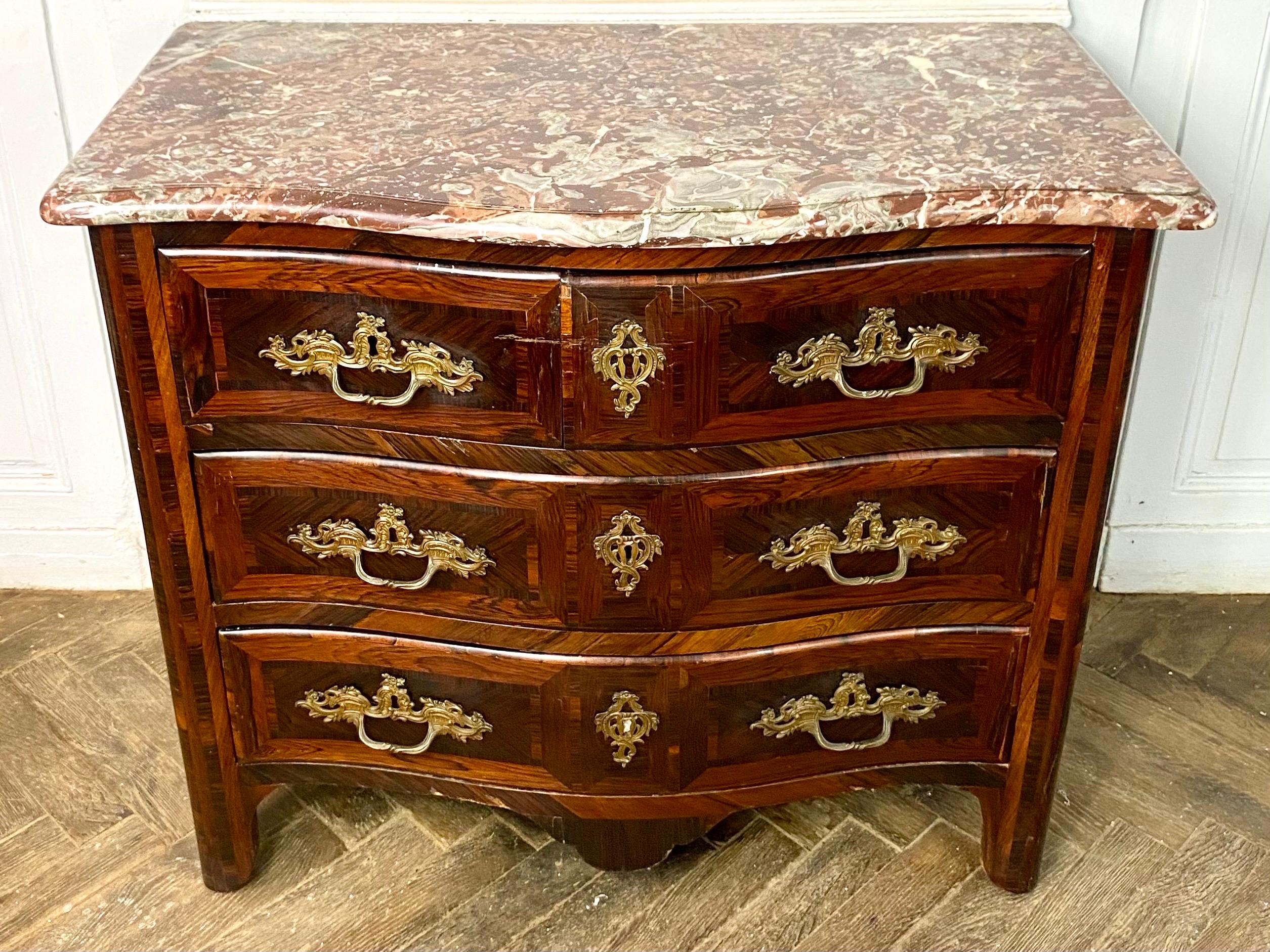 Marquetry French Curved Regency period Commode Chest of drawers inlaid marble 18th France For Sale