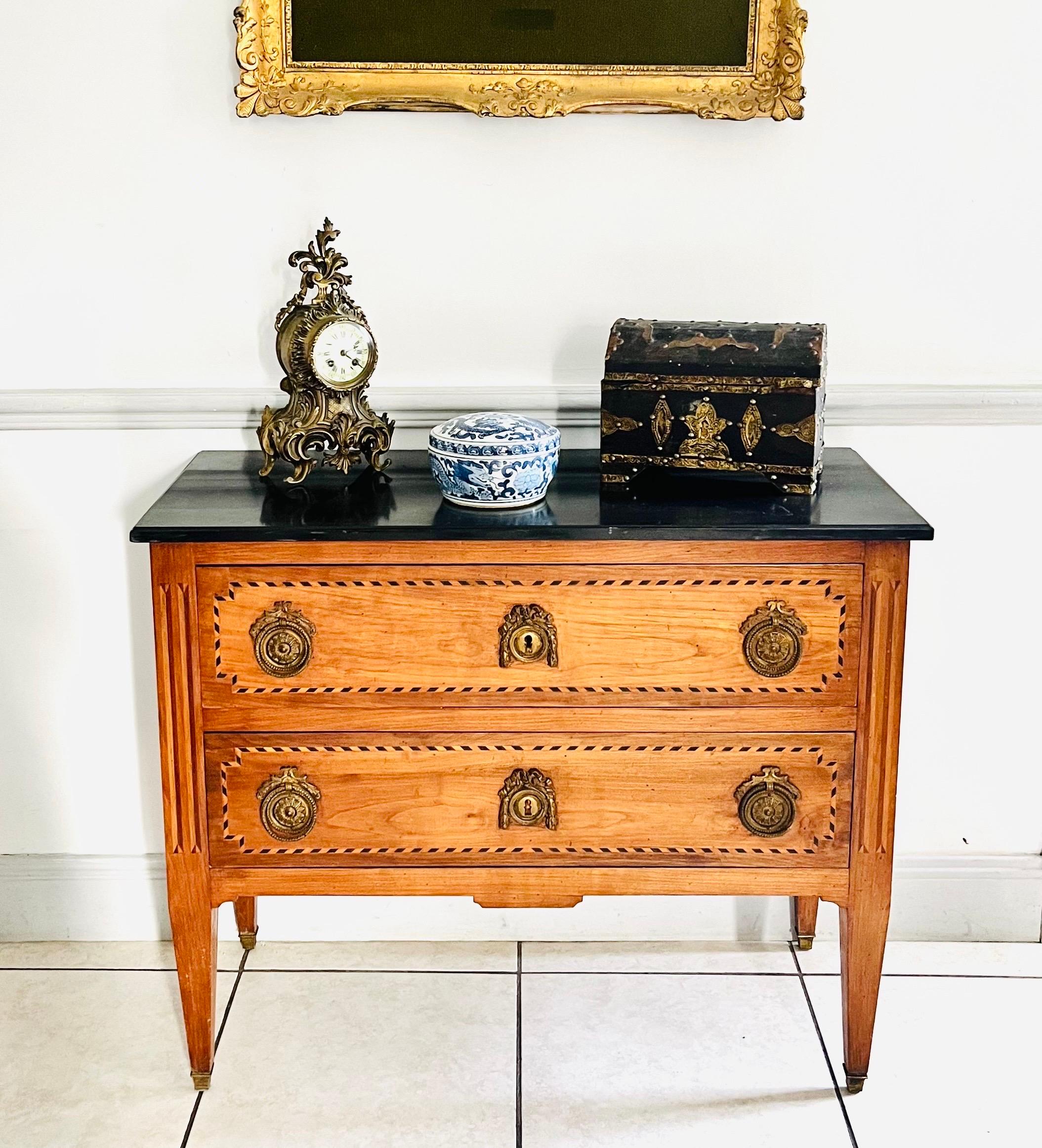 French Commode Chest of Drawers Louis XVI 18th - Black Marble Marquetry - France For Sale 6