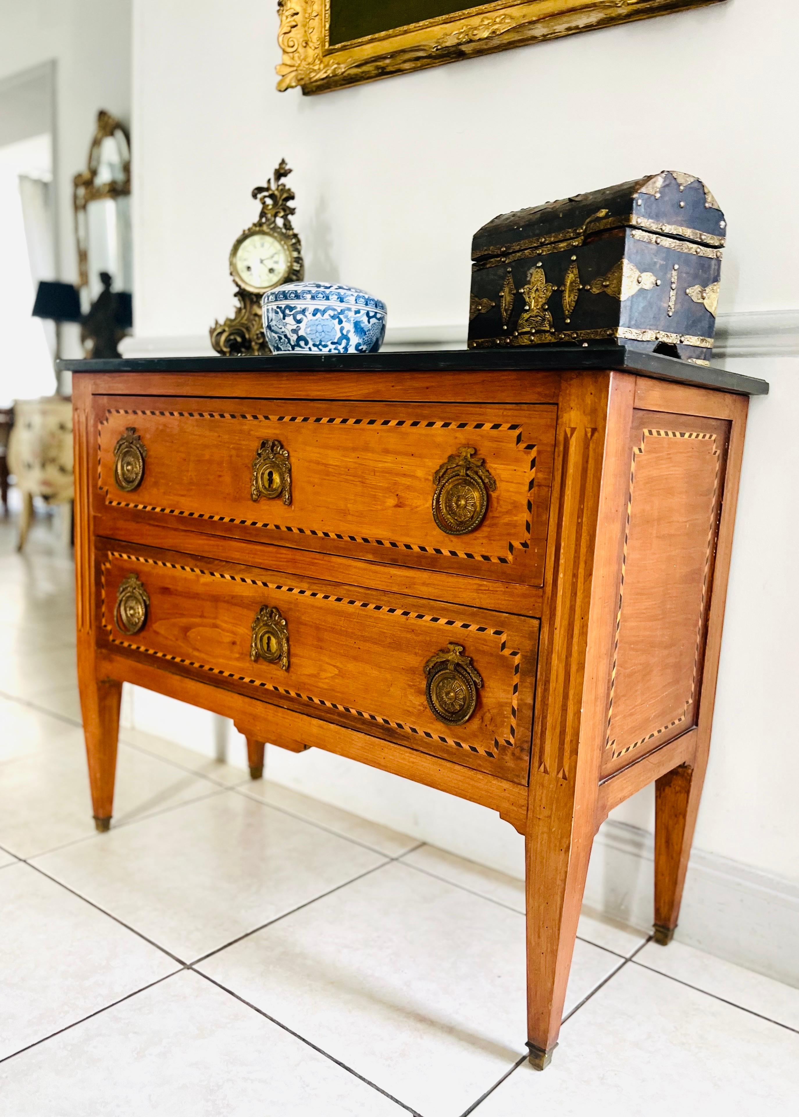 French Commode Chest of Drawers Louis XVI 18th - Black Marble Marquetry - France For Sale 9