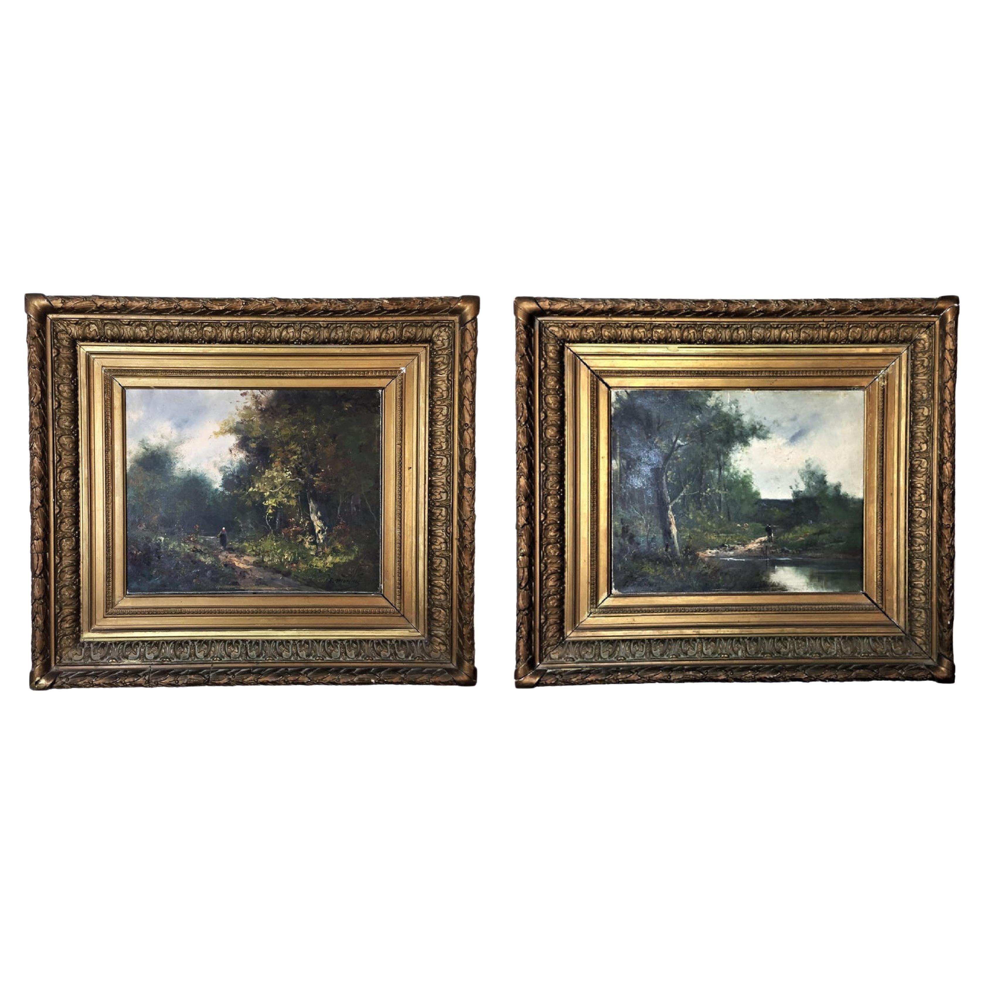 Edmund Pick-Morino "Animated Countryside Landscapes" Pair of Oils on Canvas For Sale