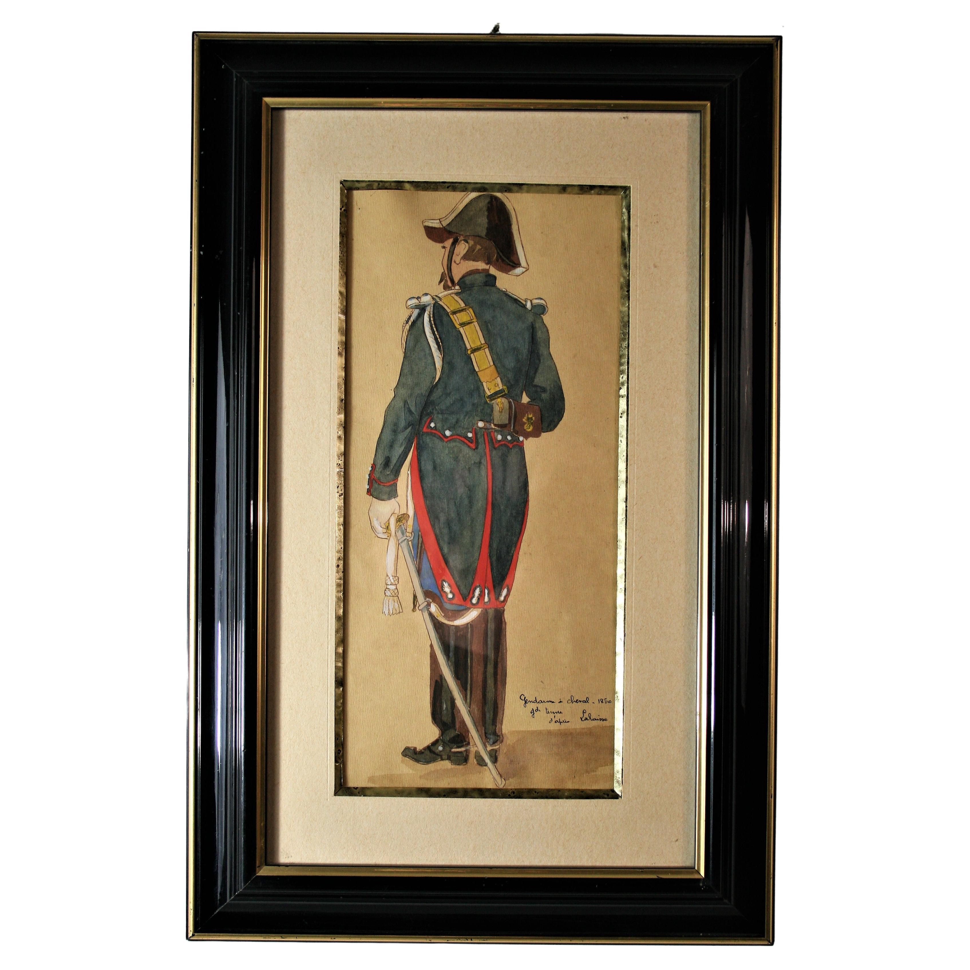" Gendarme On Horseback " After Lalaisse Hand-Painted Watercolor 20th Century  For Sale