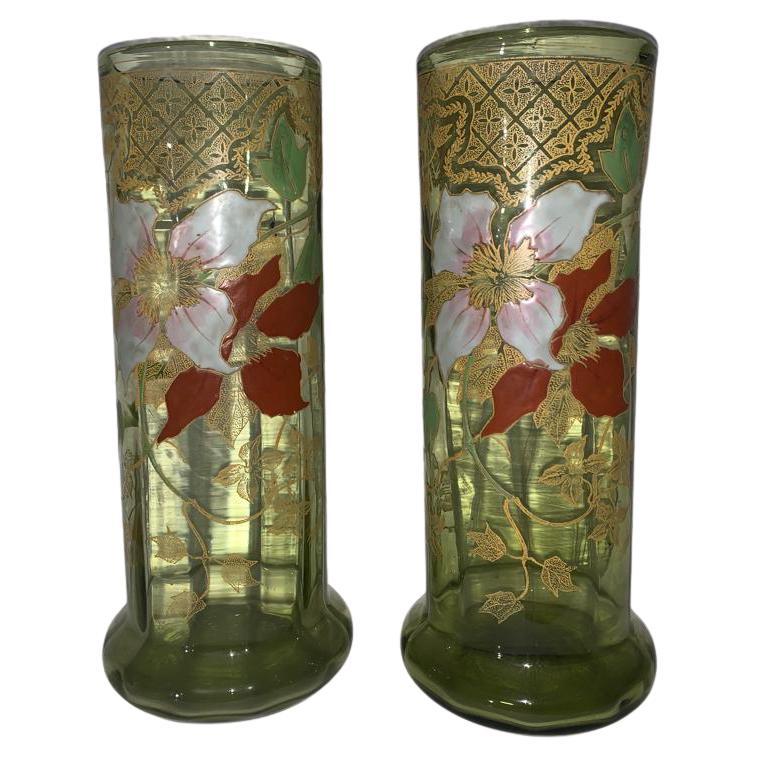 Francois Theodore Legras Pair of Vases in Enameled Glass Circa 1900 For Sale