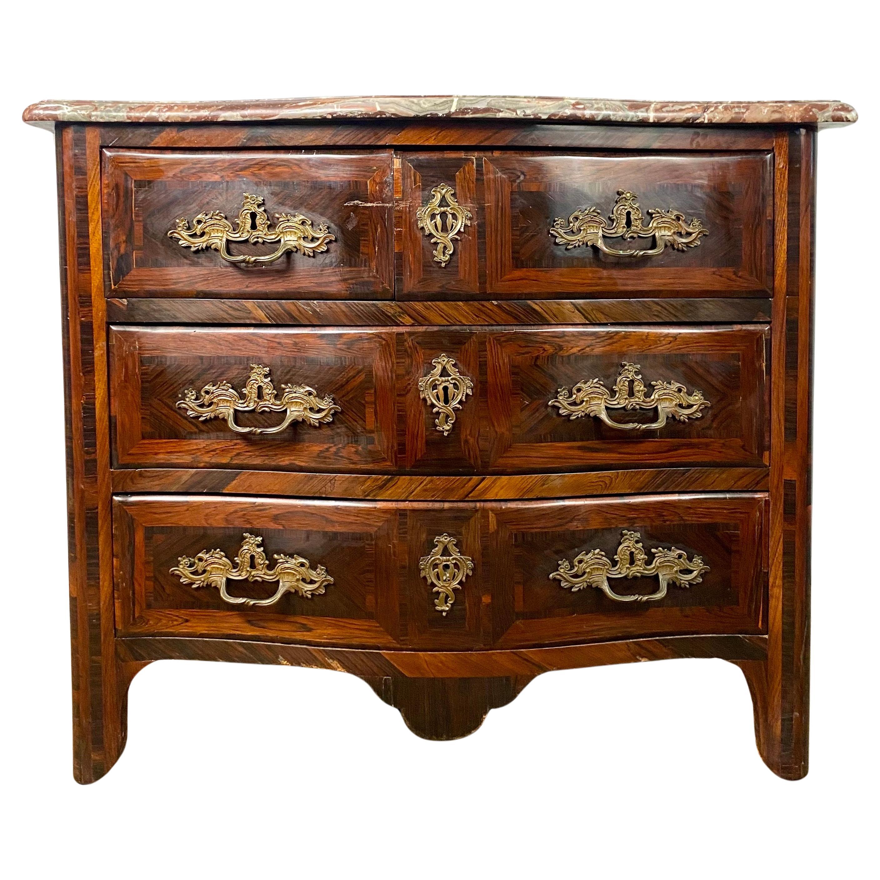French Curved Regency period Commode Chest of drawers inlaid marble 18th France For Sale