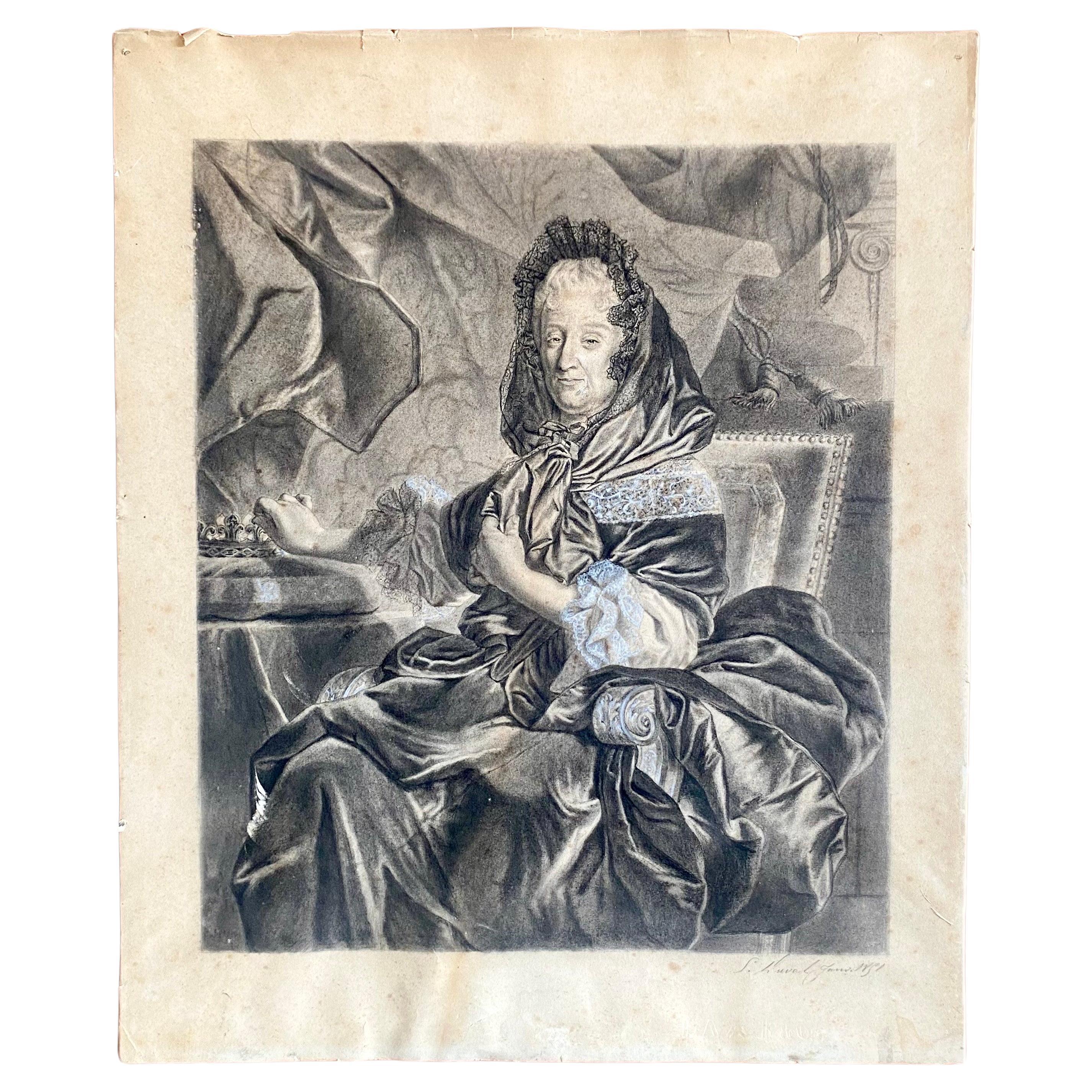 RIGAUD (nach) – 19. Zeichnung signiertes Porträt von Marie Nemours Orleans – Frankreich