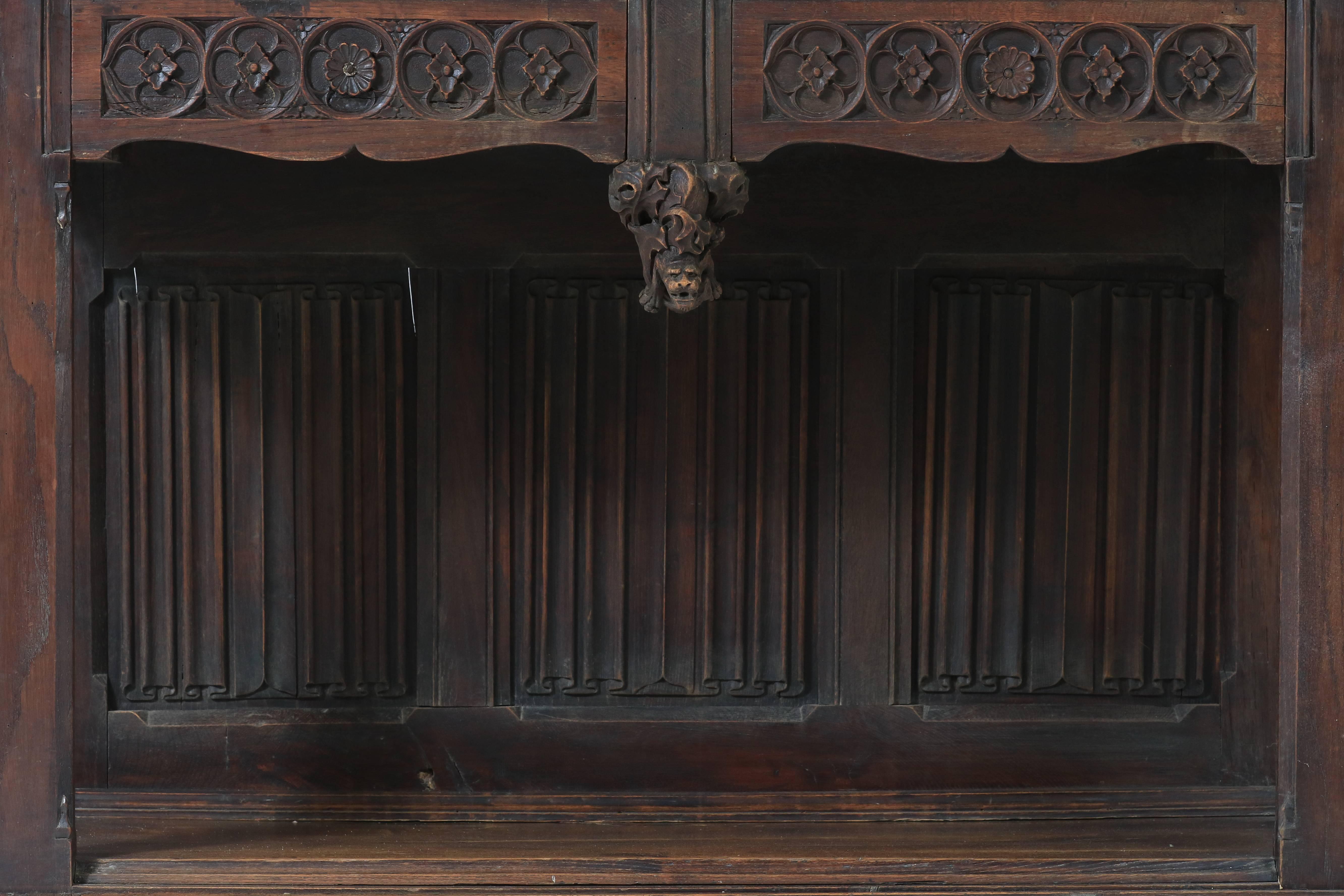 Hand-Carved Gothic Revival Cabinet 19th Century Oak and Wrought Iron