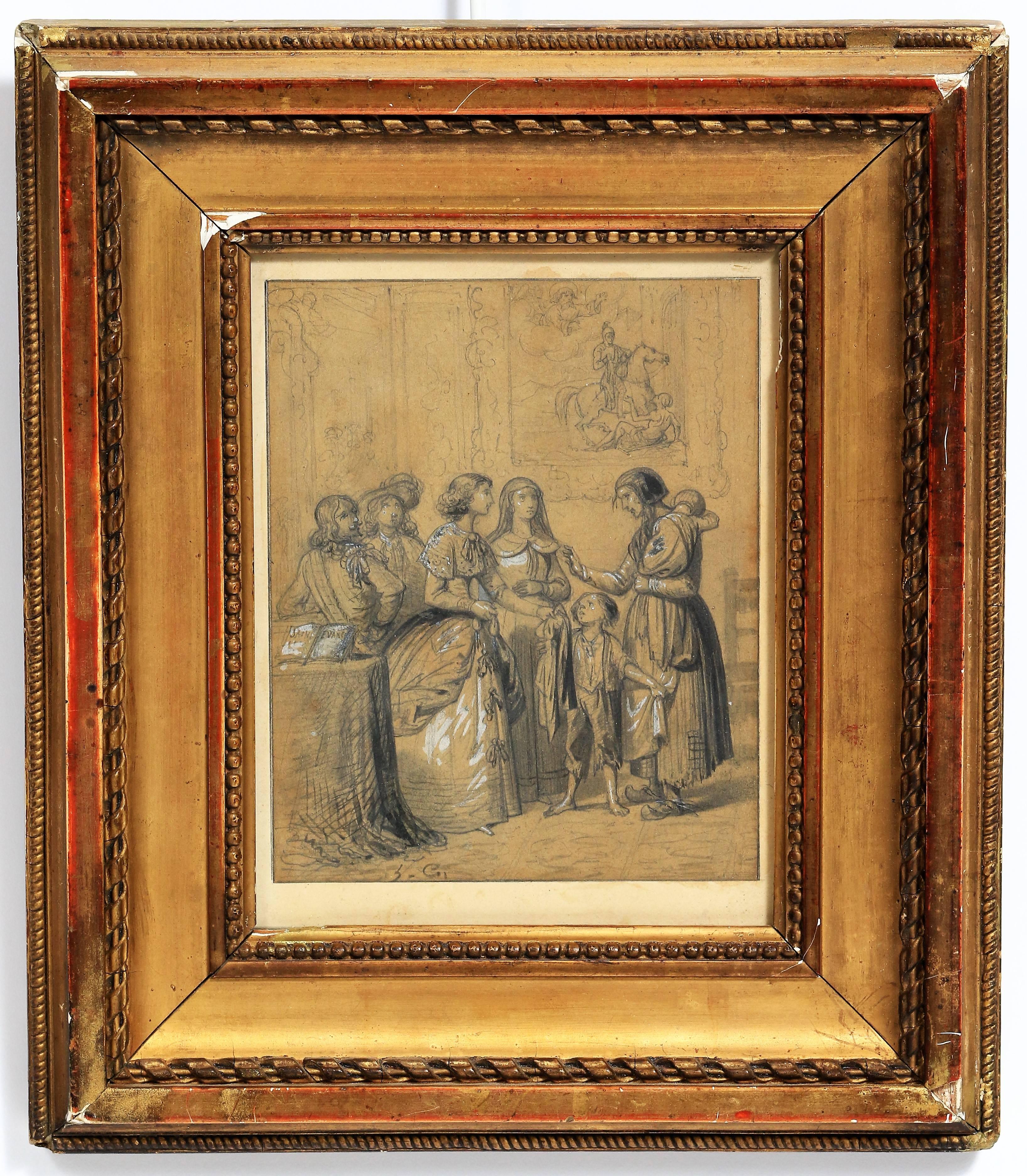 Adorable drawing from the middle of the 19th century representing an alms giving scene in a church. In the background of the drawing, there is a painting representing Saint Martin cutting off his coat to offer it to a beggar. This painting echoes