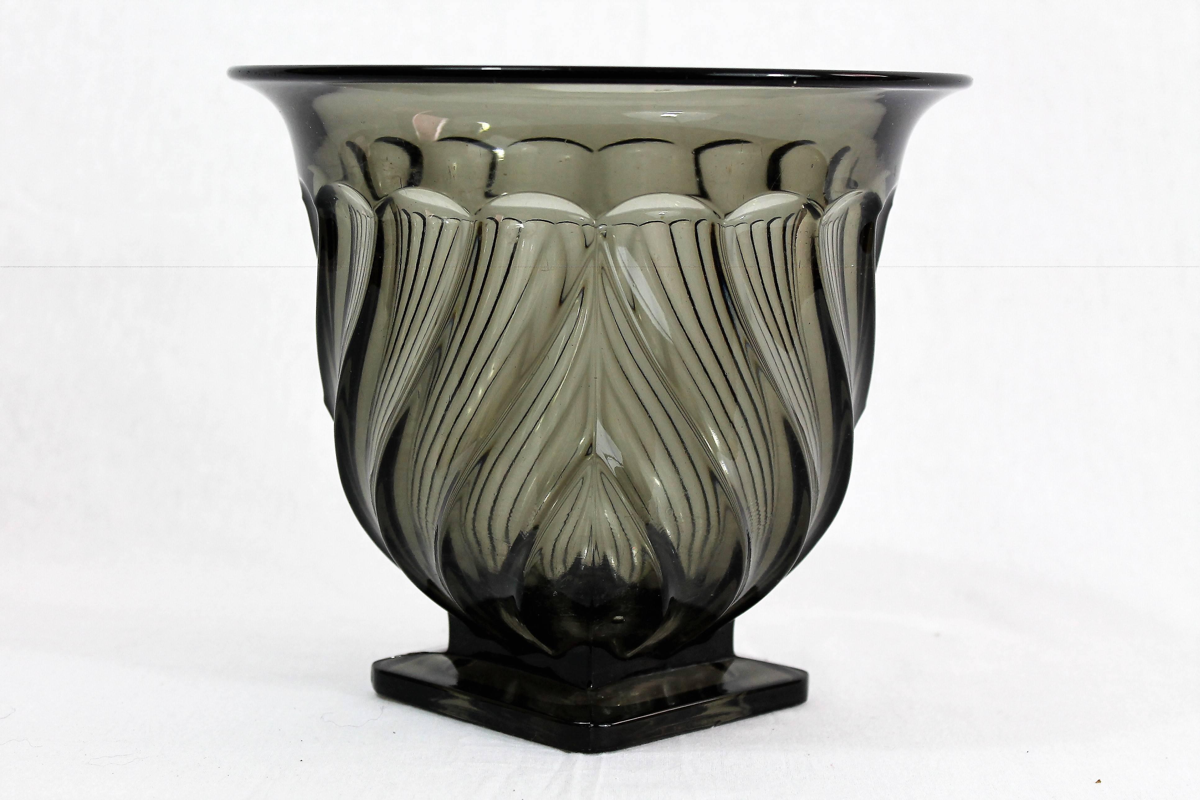 Art Deco Style Vase Urn in Smoked Crystal with Heart Pattern 1