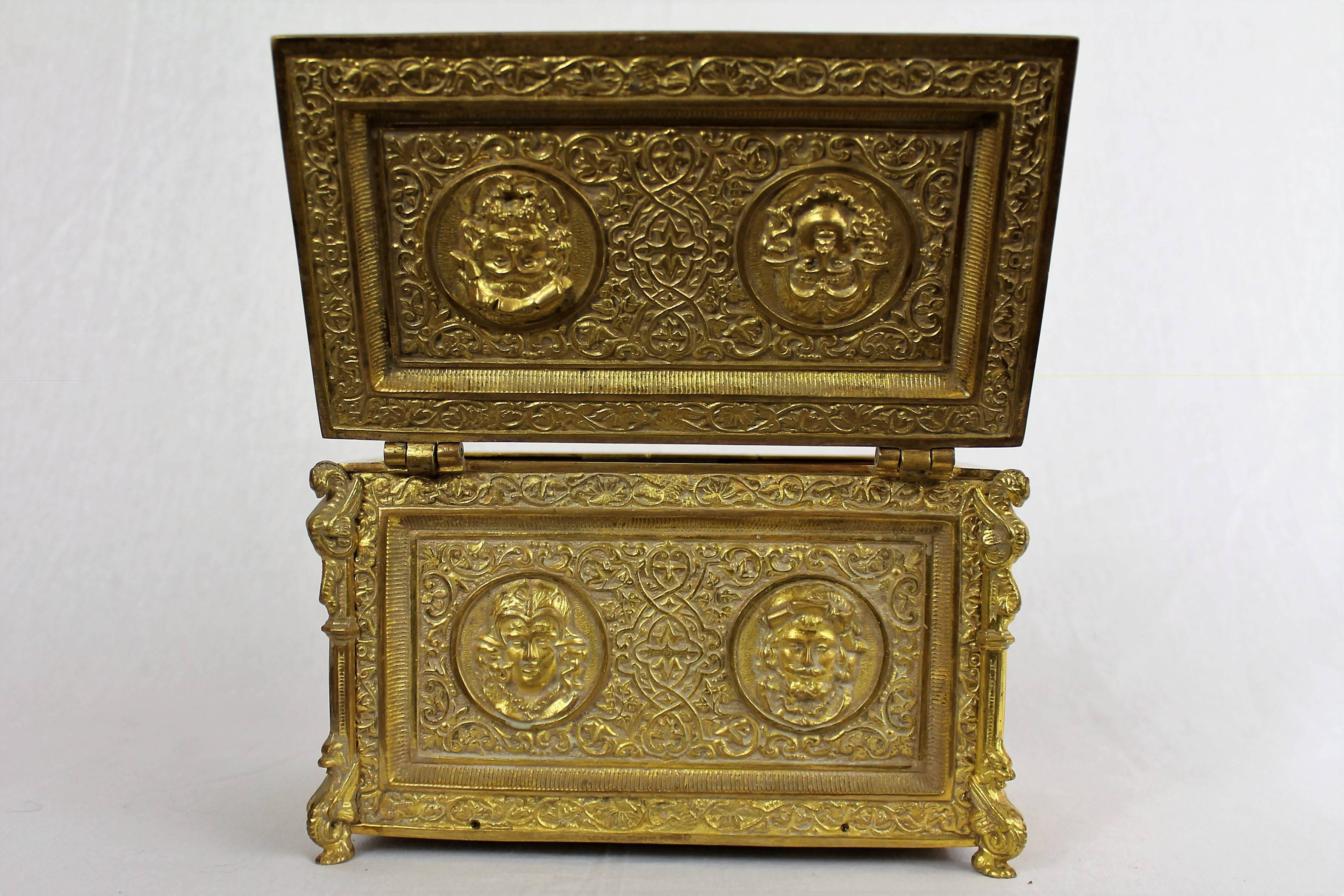 Mahogany 19th Century Renaissance Revival Bronze Jewelry Box with Decoration of Mascaron