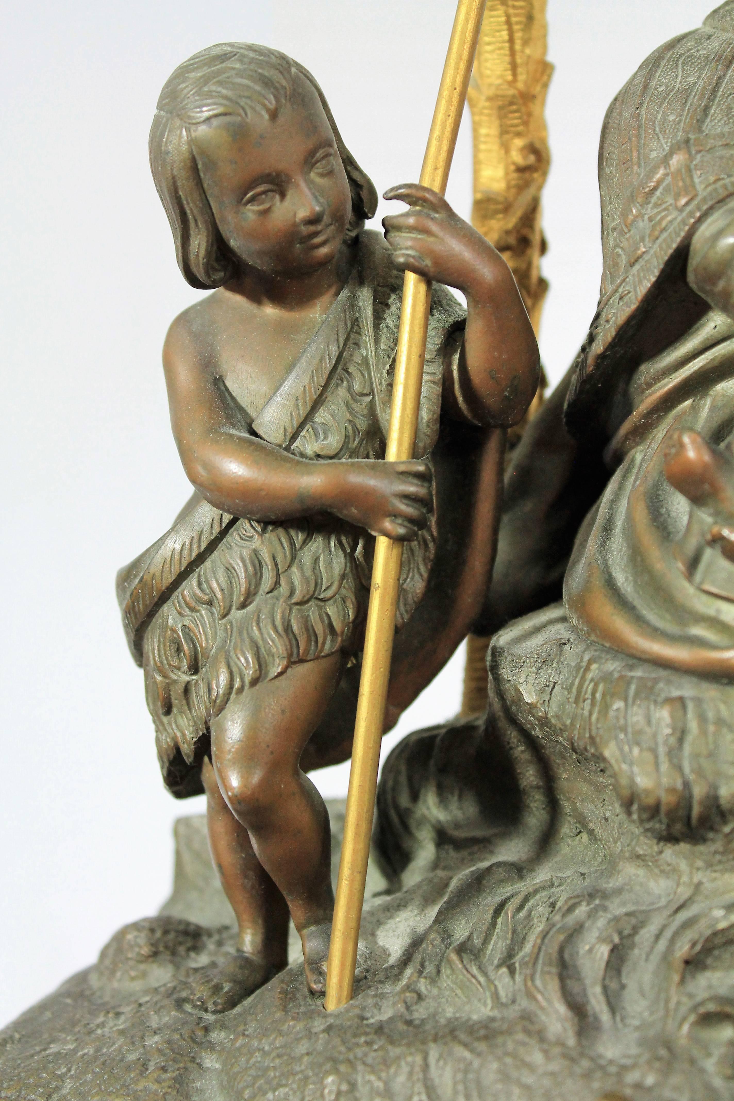 French Pendulum Clock Bronze & Marble Representing Virgin Child & St John the Baptist For Sale