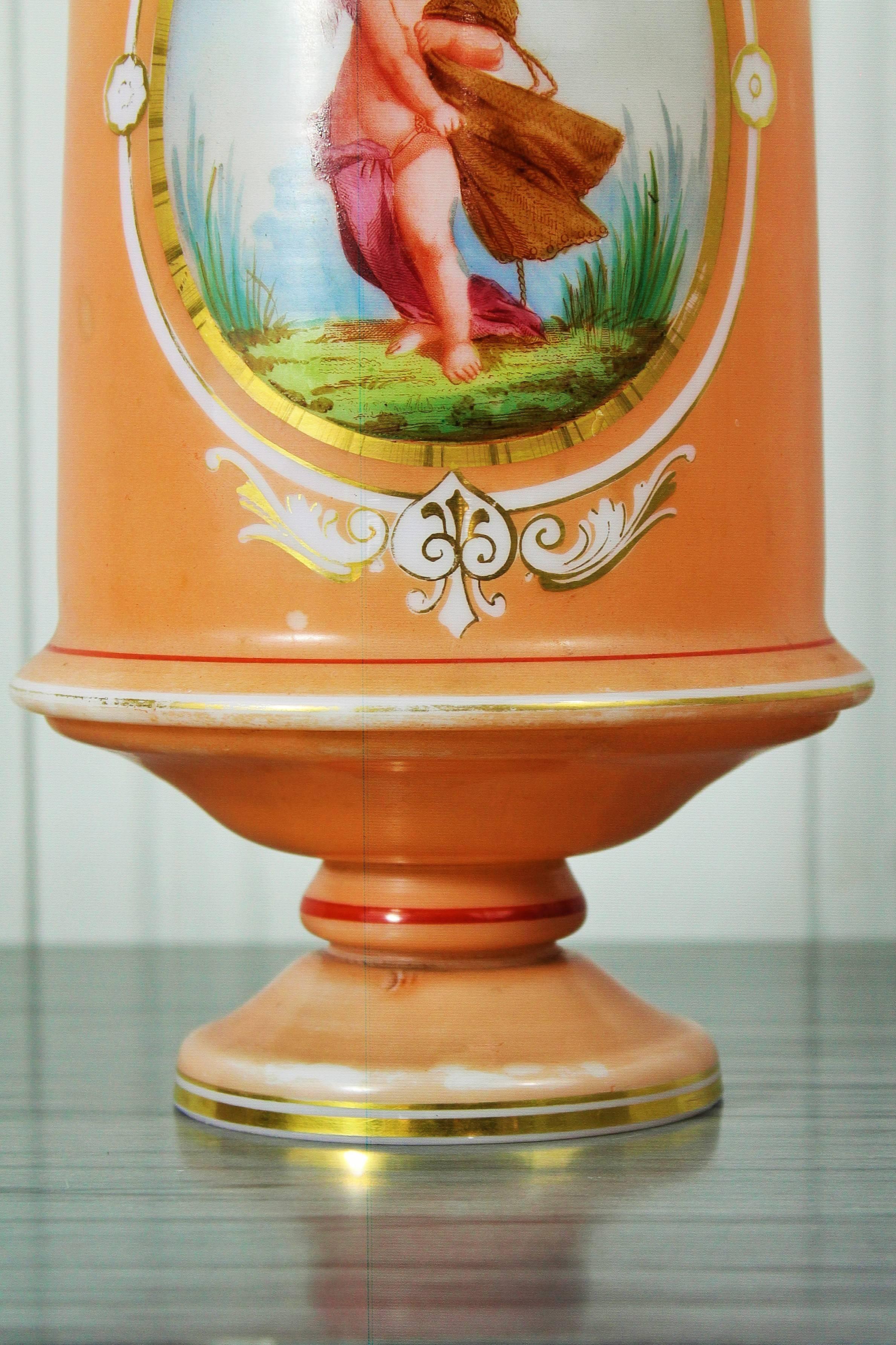 Opaline Glass Orange Opaline vase with Cherub Decor - Napoleon III 19th - France For Sale