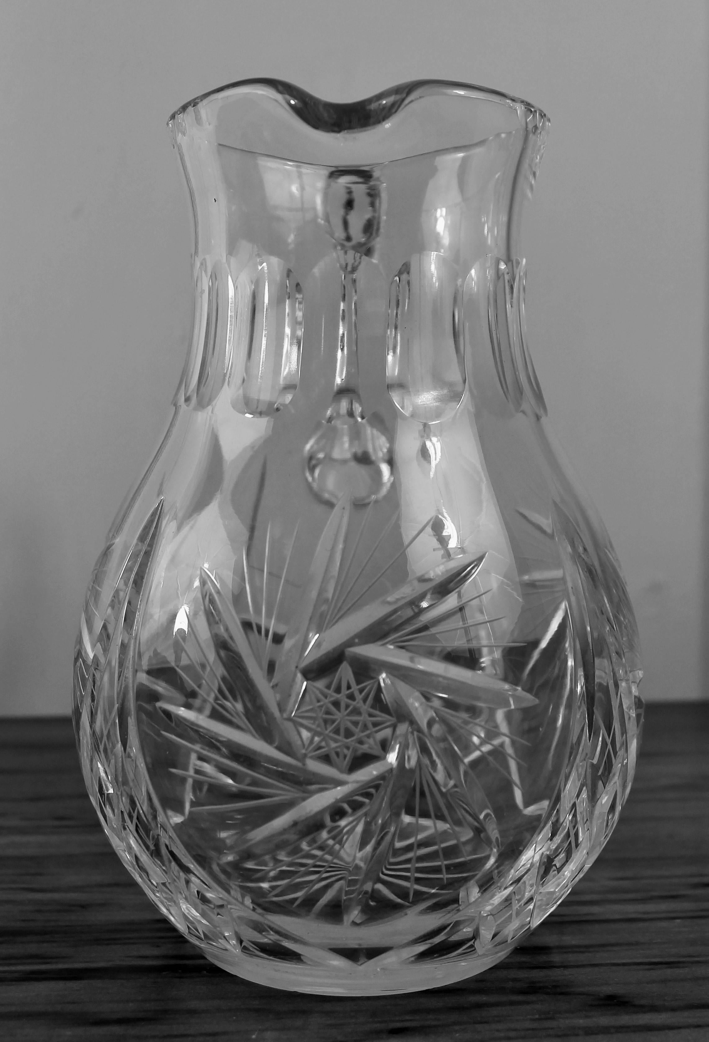Carved Engraved Crystal Cider Pitcher, jug, pot, carafe - France XIXth XXth For Sale