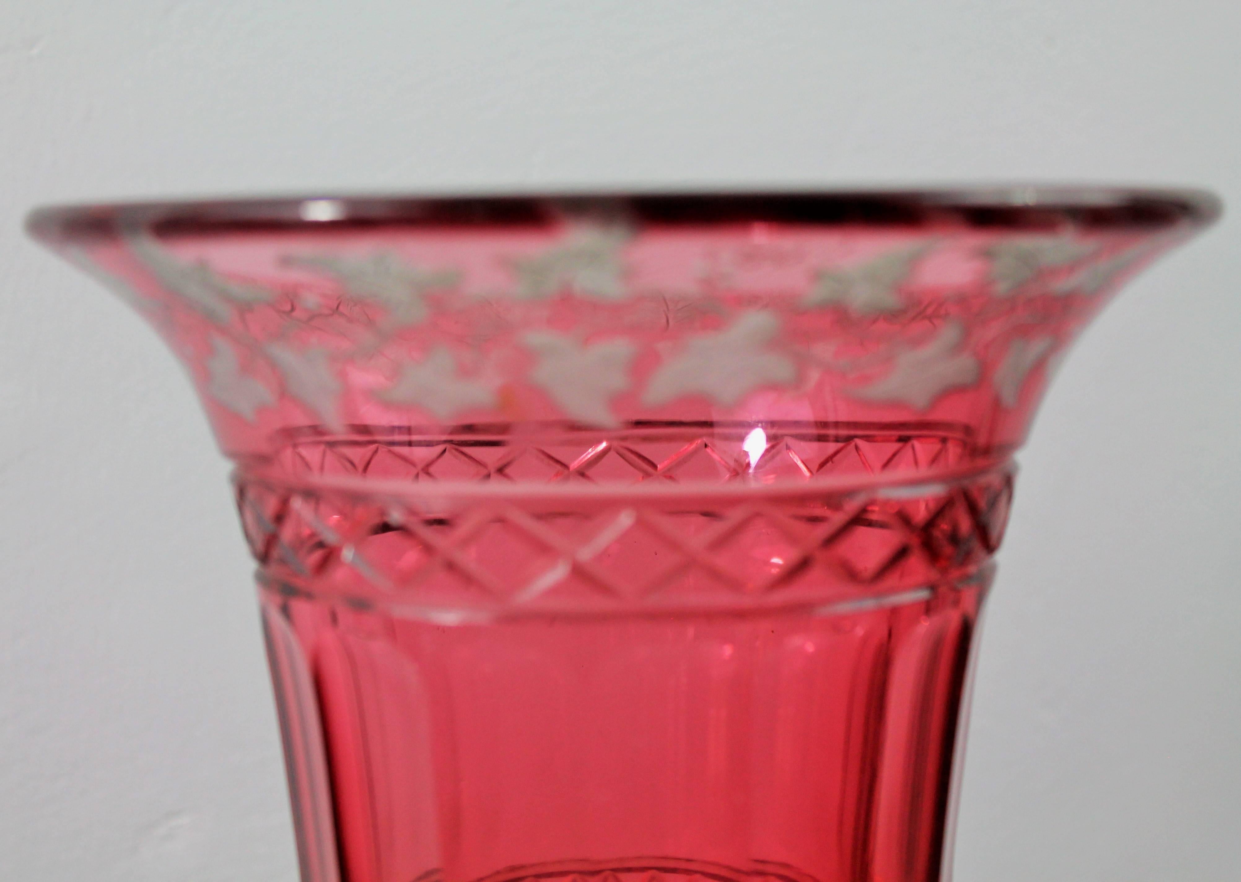 Engraved Red Boheme Crystal Vase cup Decorated with Grape Leaves, 19th Century Europe