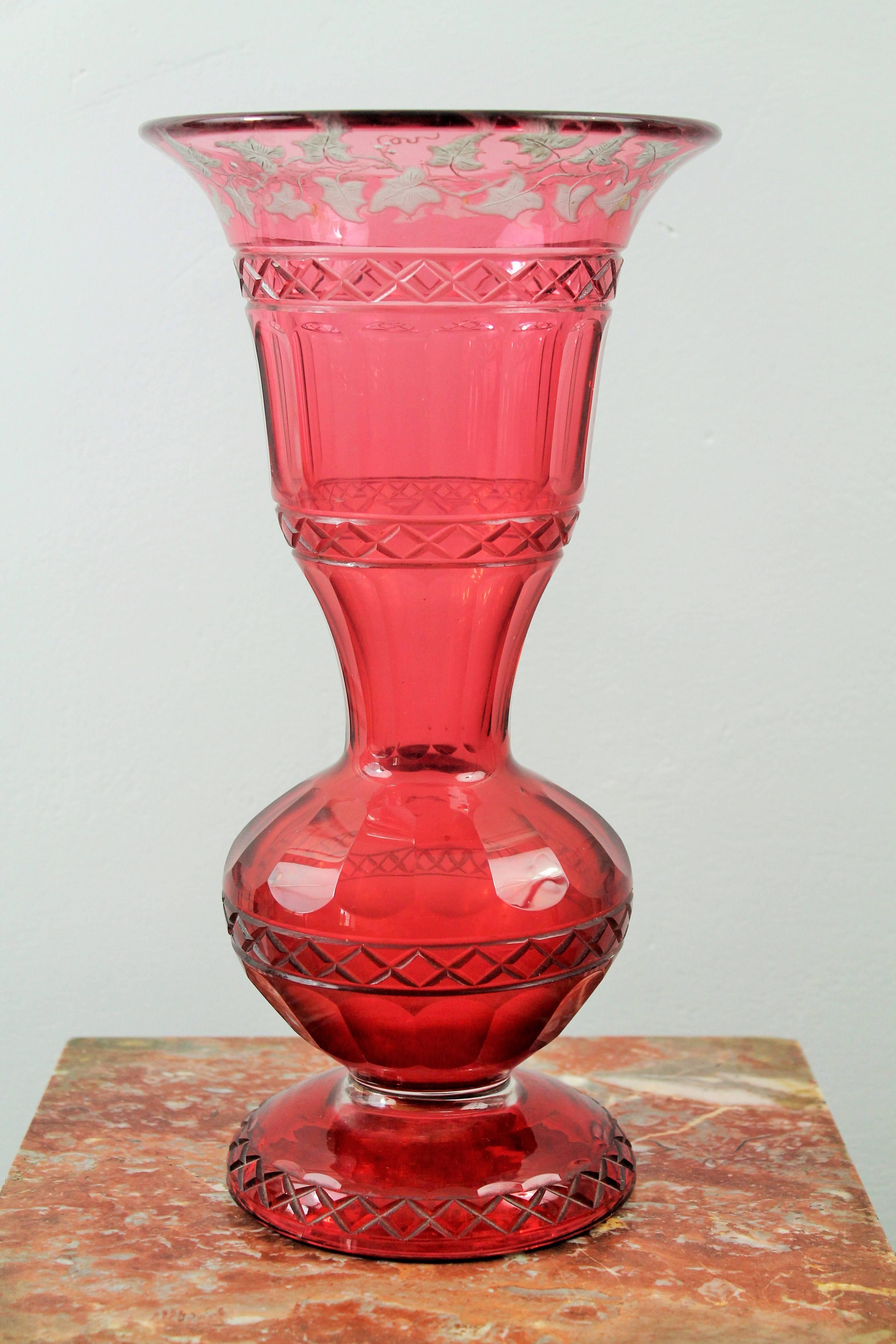 Red Boheme Crystal Vase cup Decorated with Grape Leaves, 19th Century Europe 1