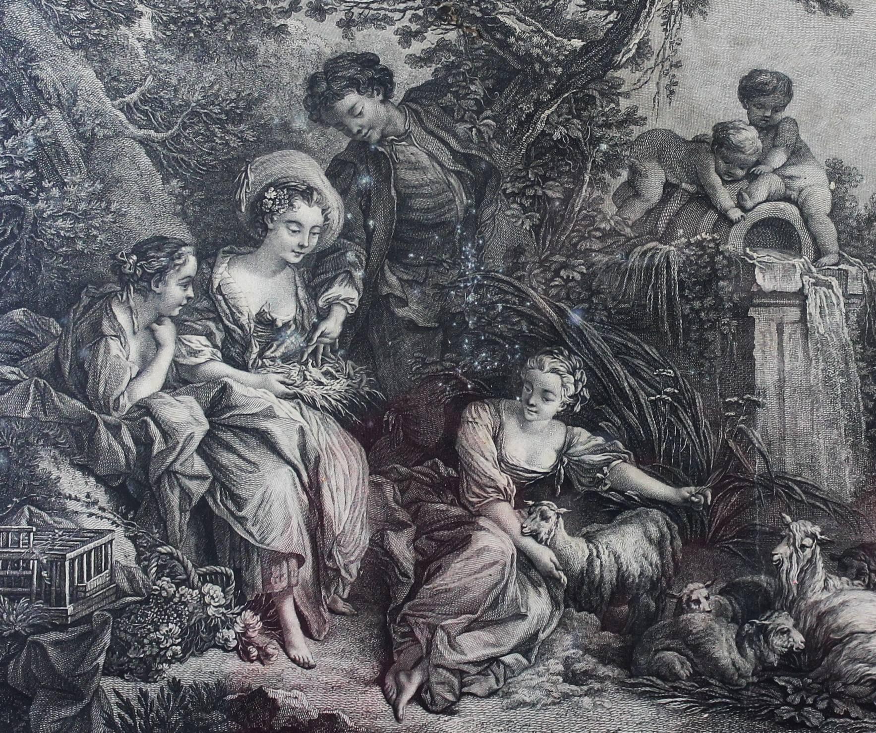 "The presents of the Shepherd", beautiful engraving after the painting of Francois Boucher painter of King Louis XV.
Engraved by Louis-Simon Lempereur, dedicated to the Duchess of Villeroy,
circa 1774
Dimension without frame: 19.4 /