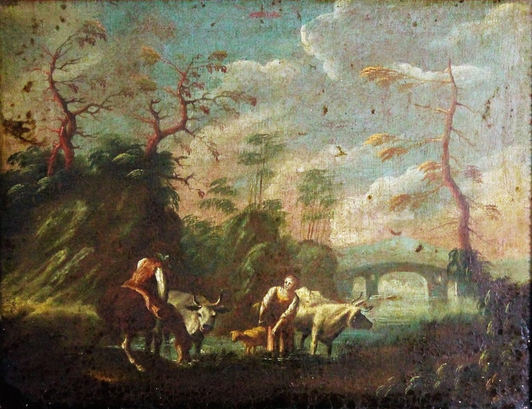 Oil on canvas depicting a country scene: a man watering his horse near a river where two cows and a sheep wade accompanied by a farmer.
Work of northern France or Belgium of the 17th century.
Chassis with keys.
19th century frame.
Dimension
