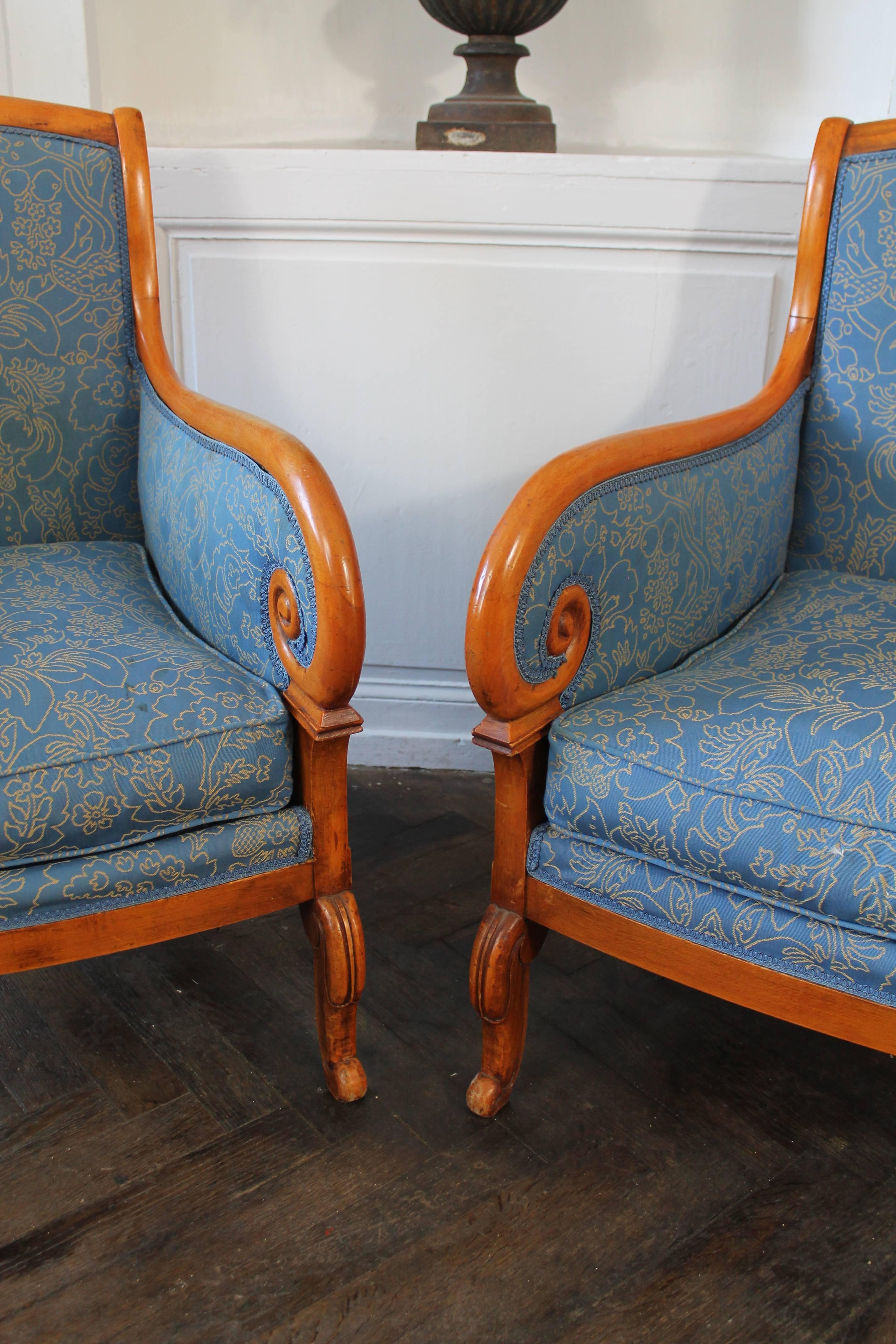 French Louis-Philippe Period Bergeres Armchairs in Fruitwood