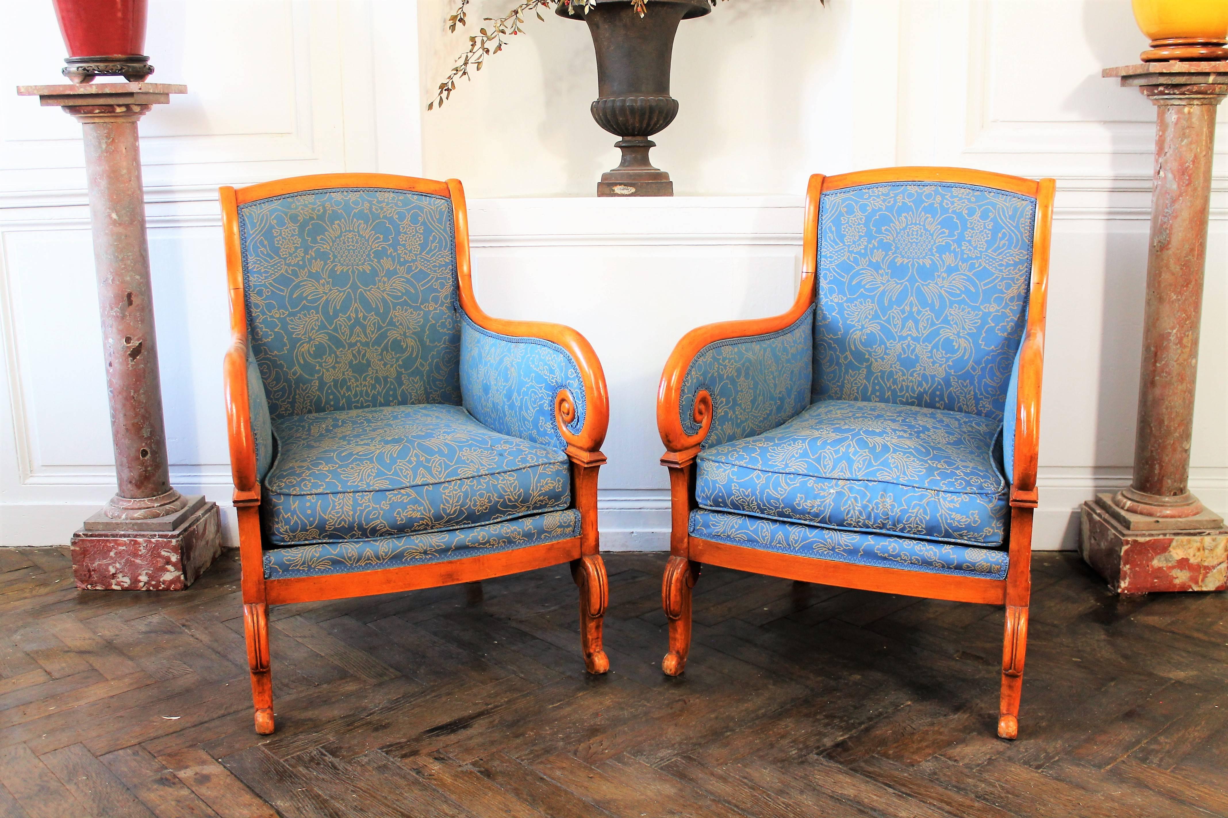 Louis Philippe Louis-Philippe Period Bergeres Armchairs in Fruitwood