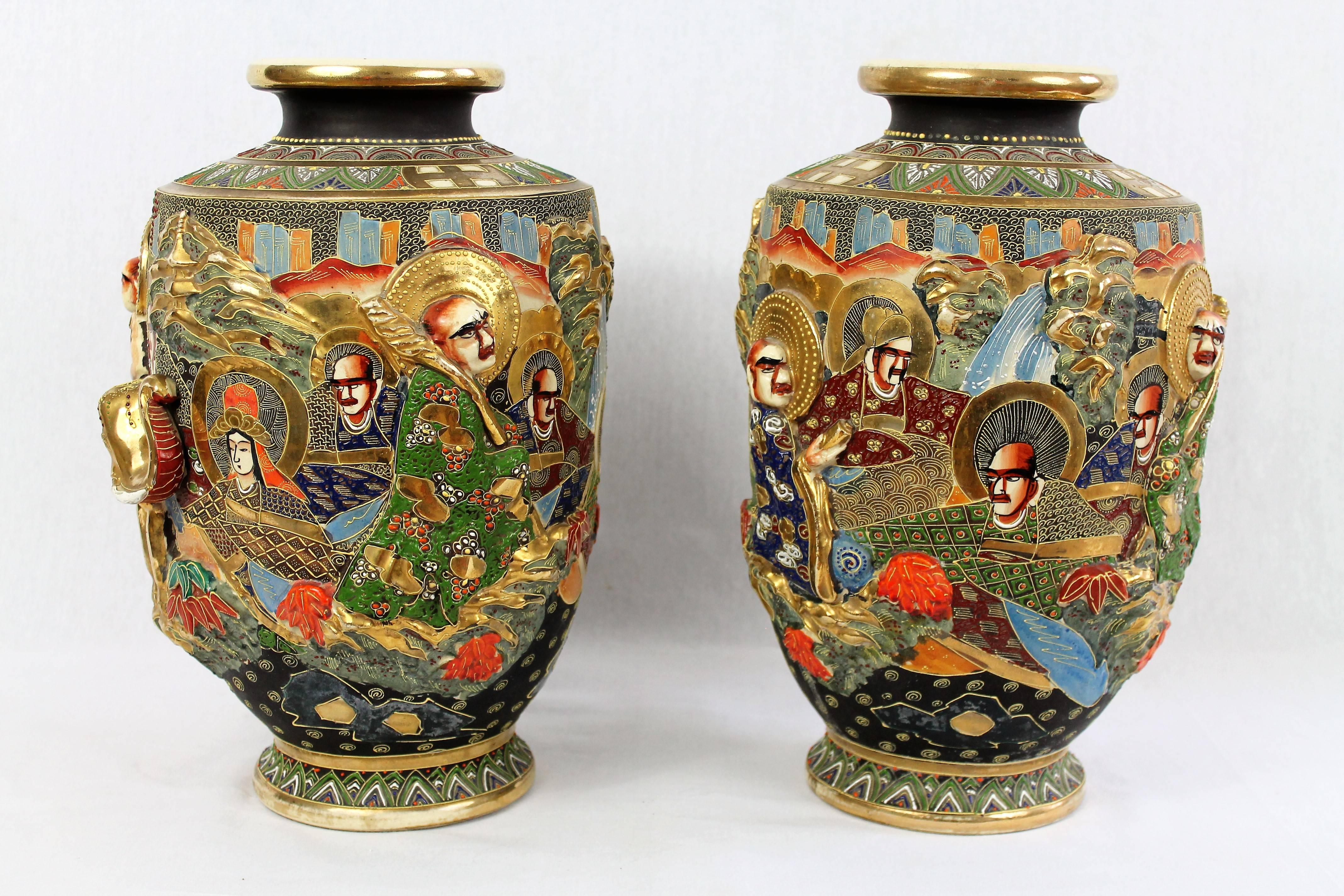 Japonisme Pair of Satsuma Porcelain Vases, Relief Decor, Japan