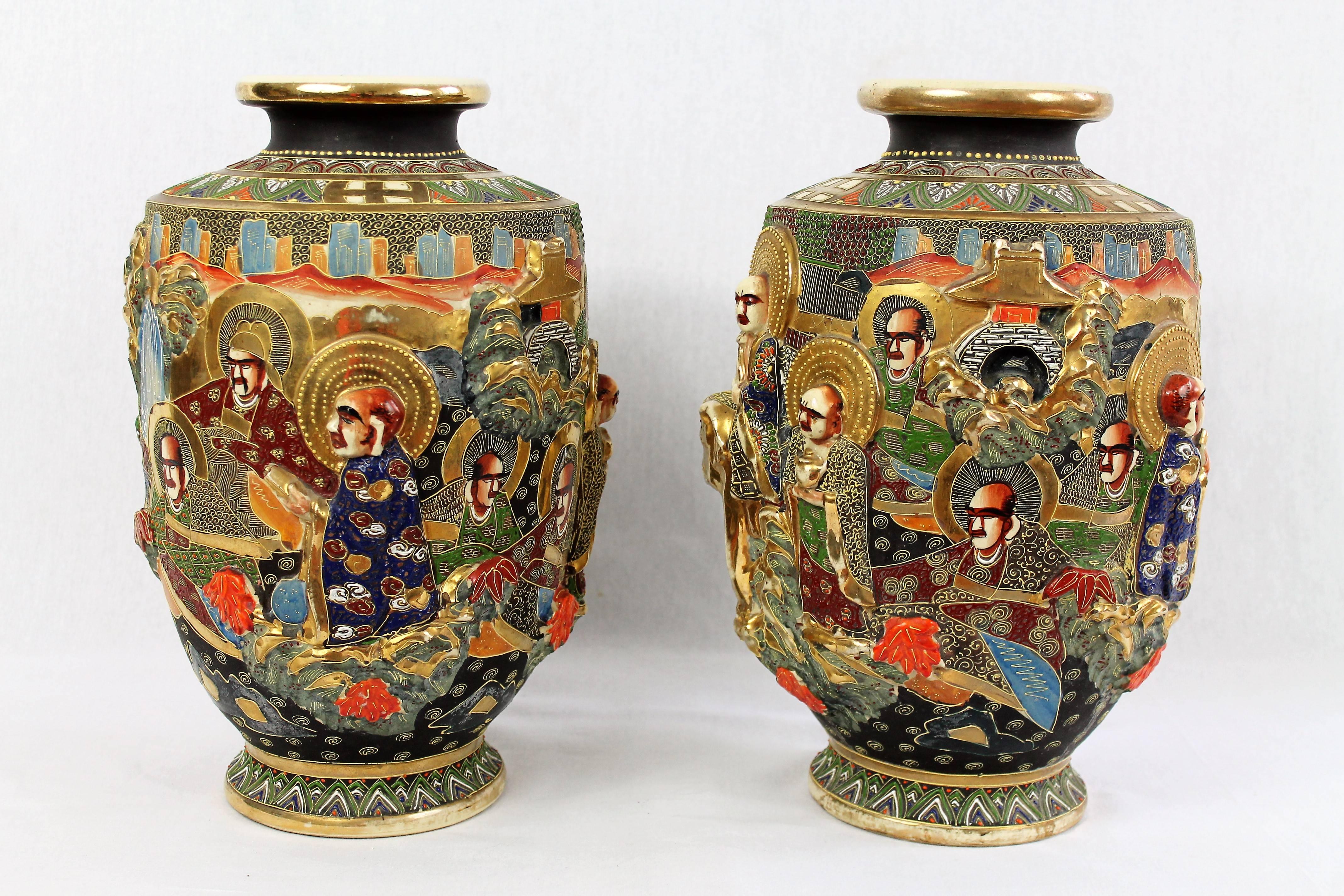 Japanese Pair of Satsuma Porcelain Vases, Relief Decor, Japan