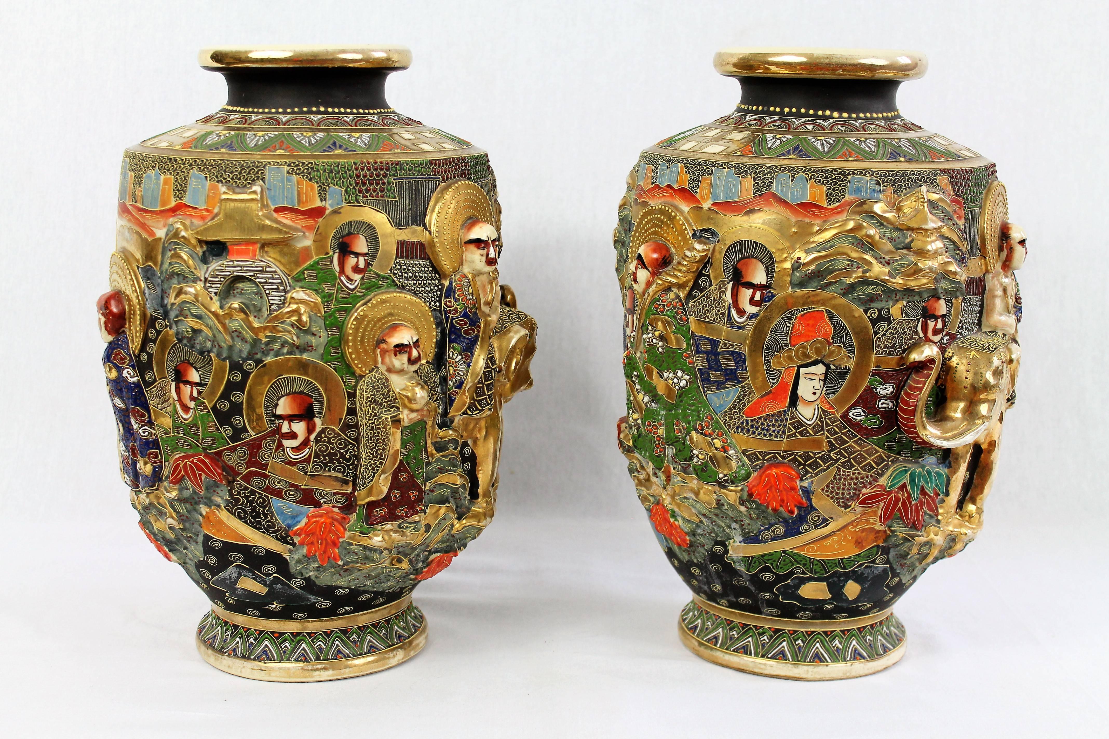 20th Century Pair of Satsuma Porcelain Vases, Relief Decor, Japan