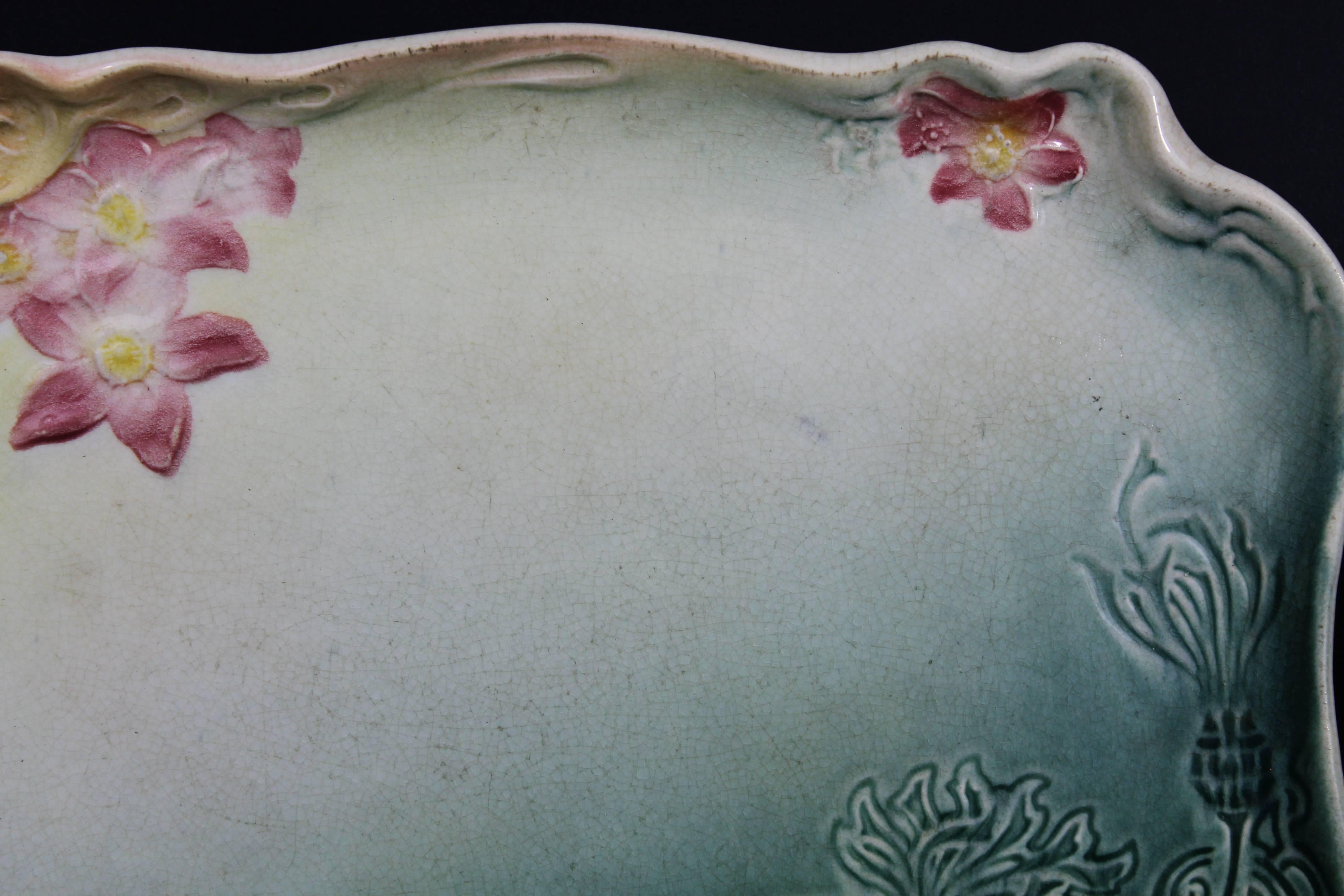 Glazed Art Nouveau Plate in Earthenware with a Green and Pink Flower Decor For Sale