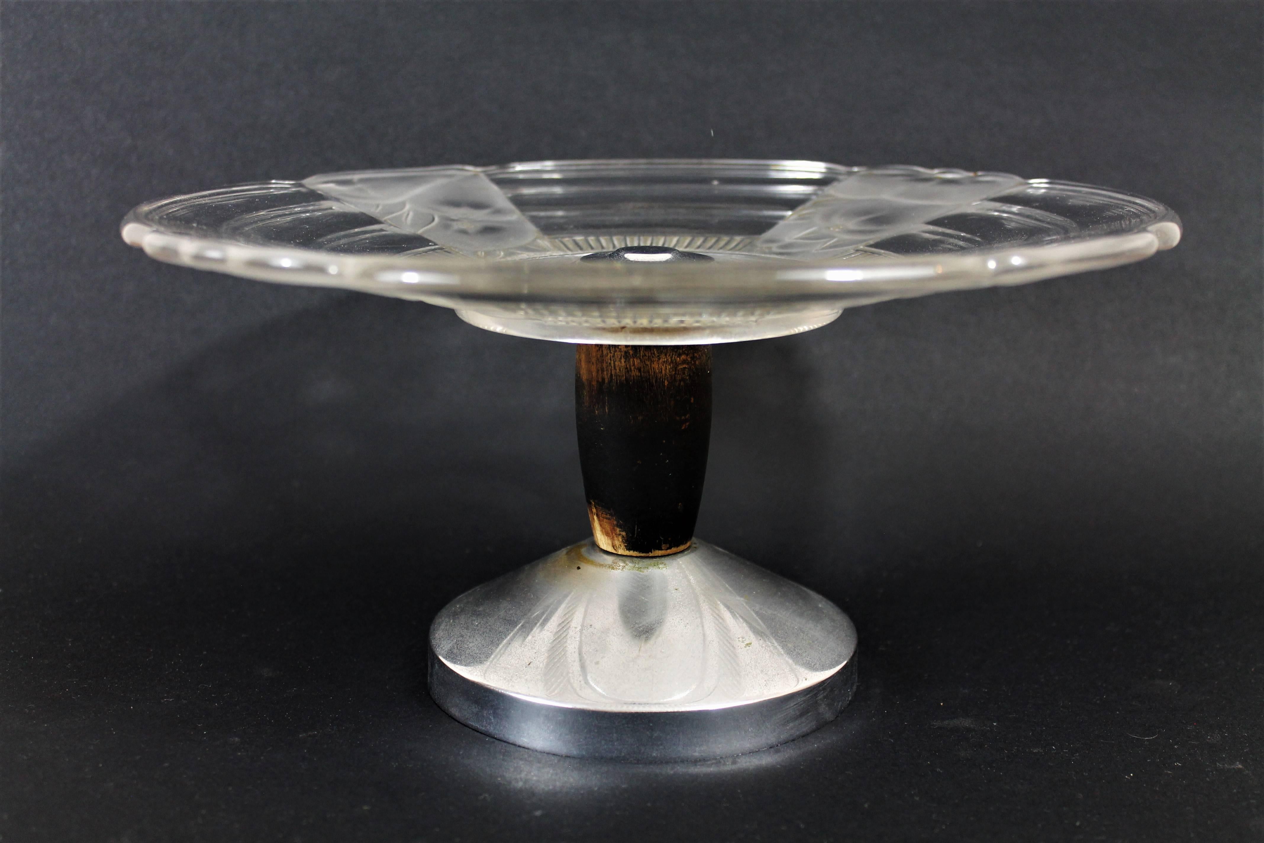 Mid-20th Century 1940 Art Deco Cup molded glass with Pedestal in wooden & chromed metal For Sale
