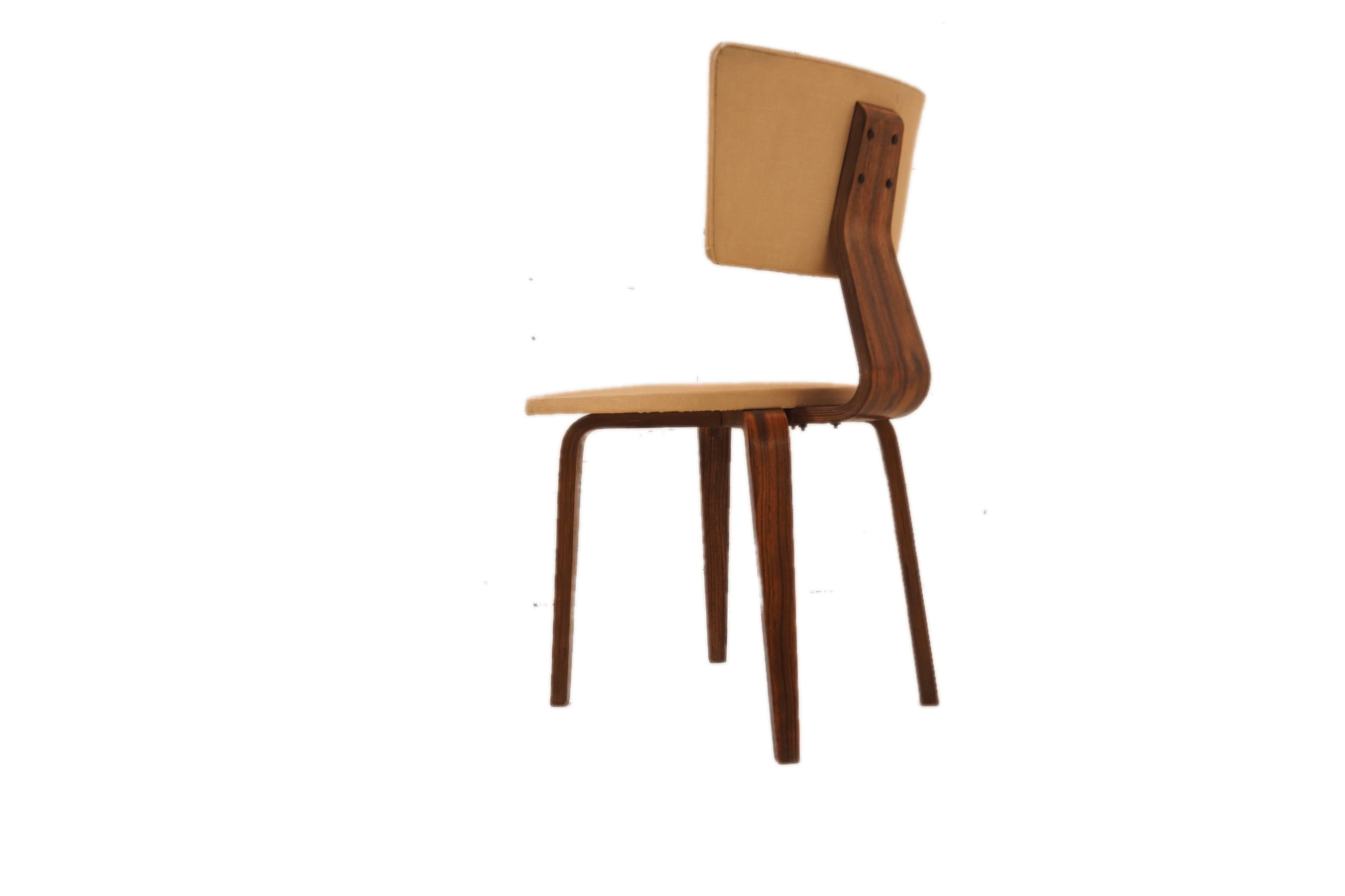 A legendary Dutch design Classic, this set of four dining chairs designed by Cor Alons and J.C. Jansen. The chairs were designed for C. den Boer Meubelfabrieken, Gouda Holland in 1949.Fabricated in birch and come with the original brown or white