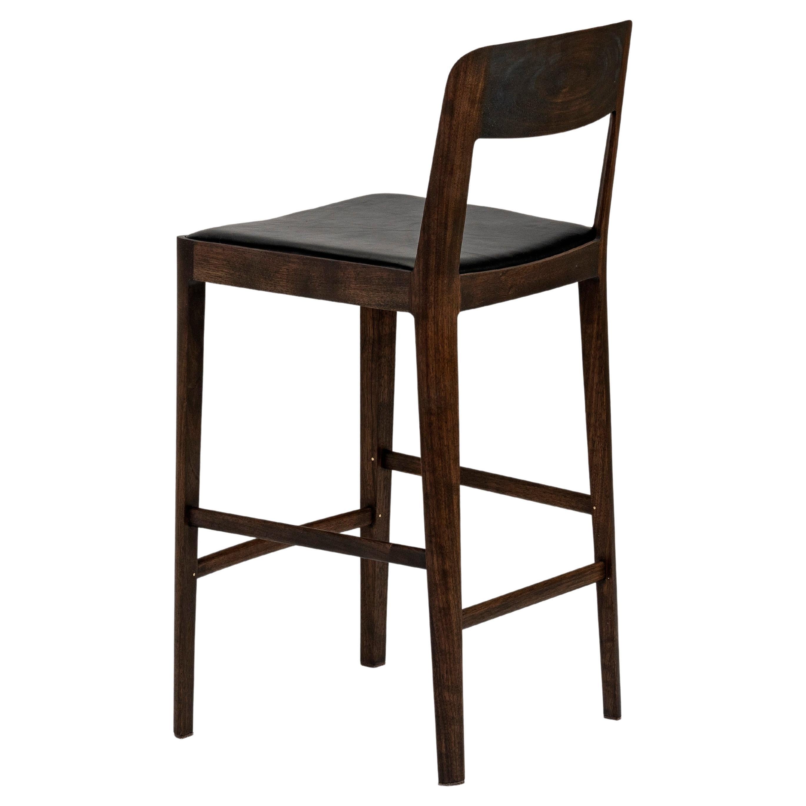 Linea Barstool, Walnut with Upholstered Seat and Backrest in Leather (Black) For Sale