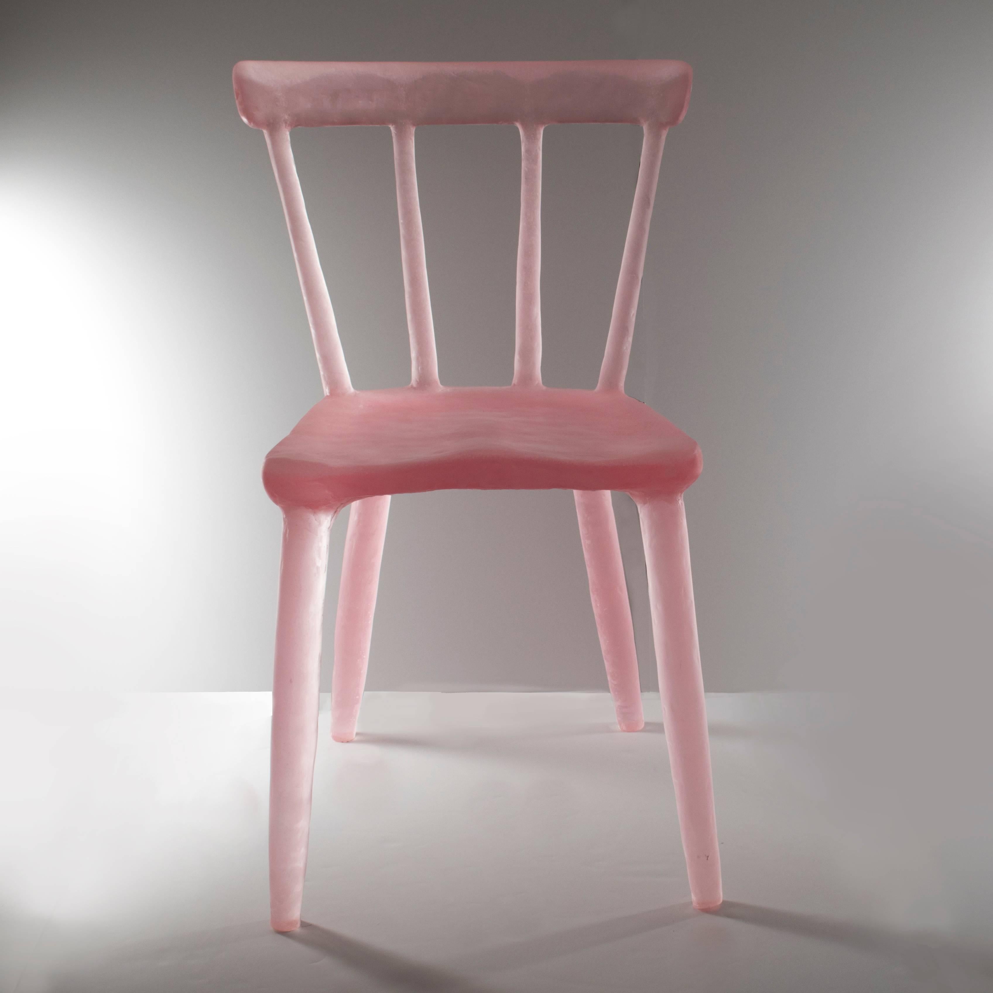 Translucent and whimsical, these chairs are handcrafted from a variety of recycled plastics both thermoset and thermoplastic. A specific blend of the plastics is combined in large molds. Once cured, the objects are removed and polished to reveal