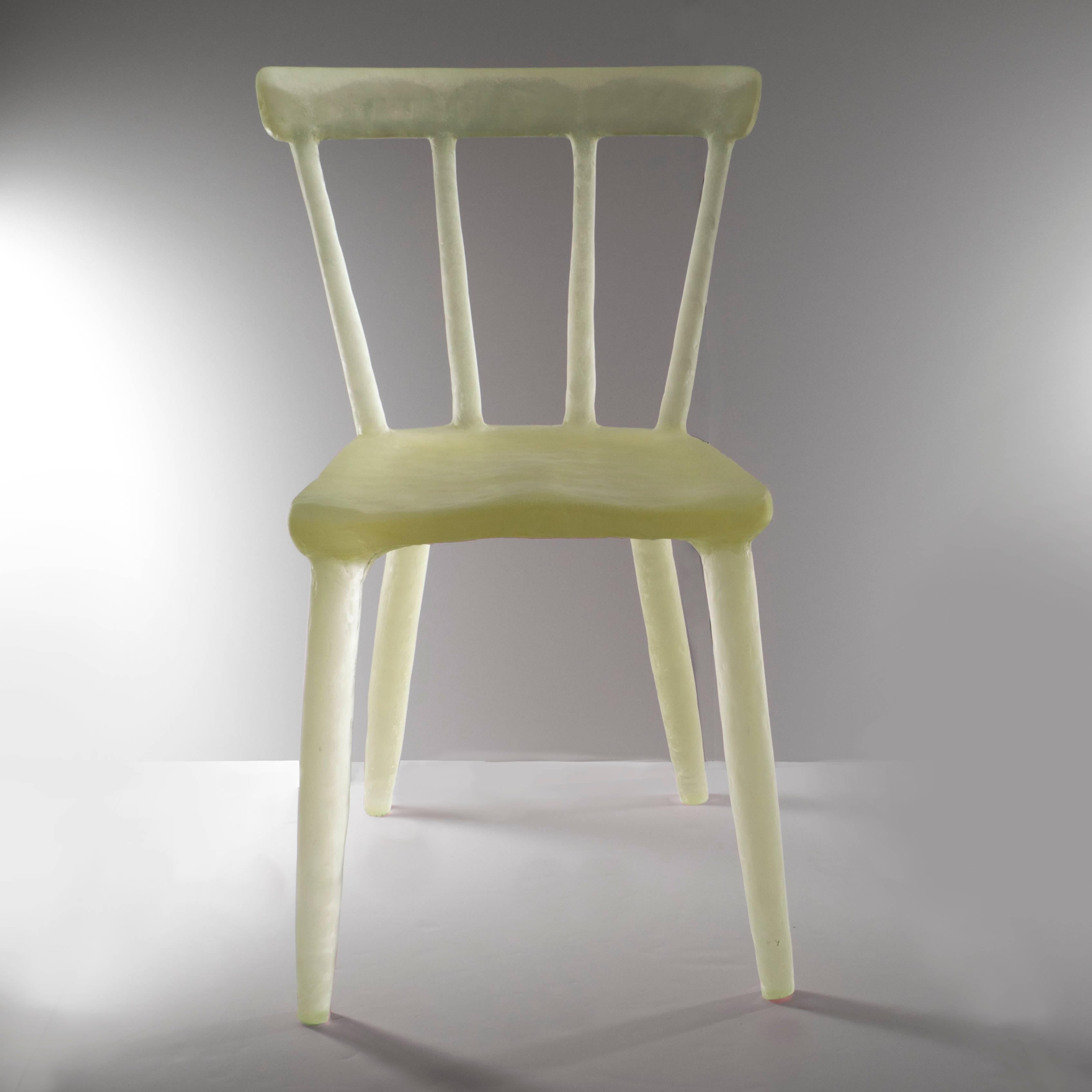 Translucent and whimsical, these chairs are handcrafted from a variety of recycled plastics, both thermoset and thermoplastic. A specific blend of the plastics is combined in large molds. Once cured, the objects are removed and polished to reveal