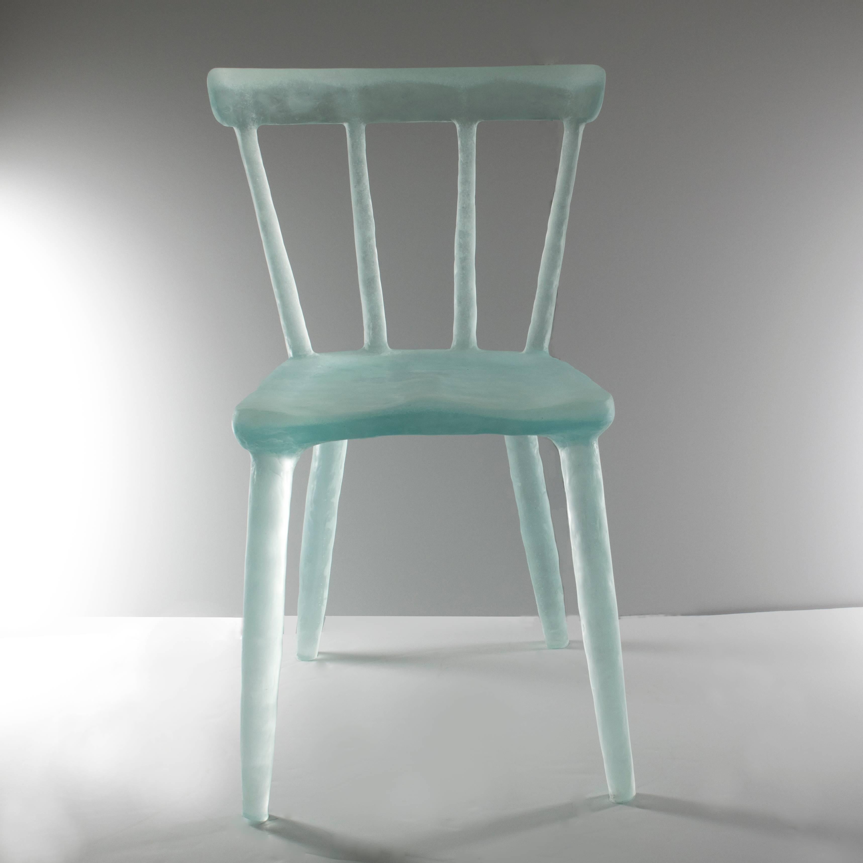 Translucent and whimsical, these chairs are handcrafted from a variety of recycled plastics both thermoset and thermoplastic. A specific blend of the plastics is combined in large molds. Once cured, the objects are removed and polished to reveal