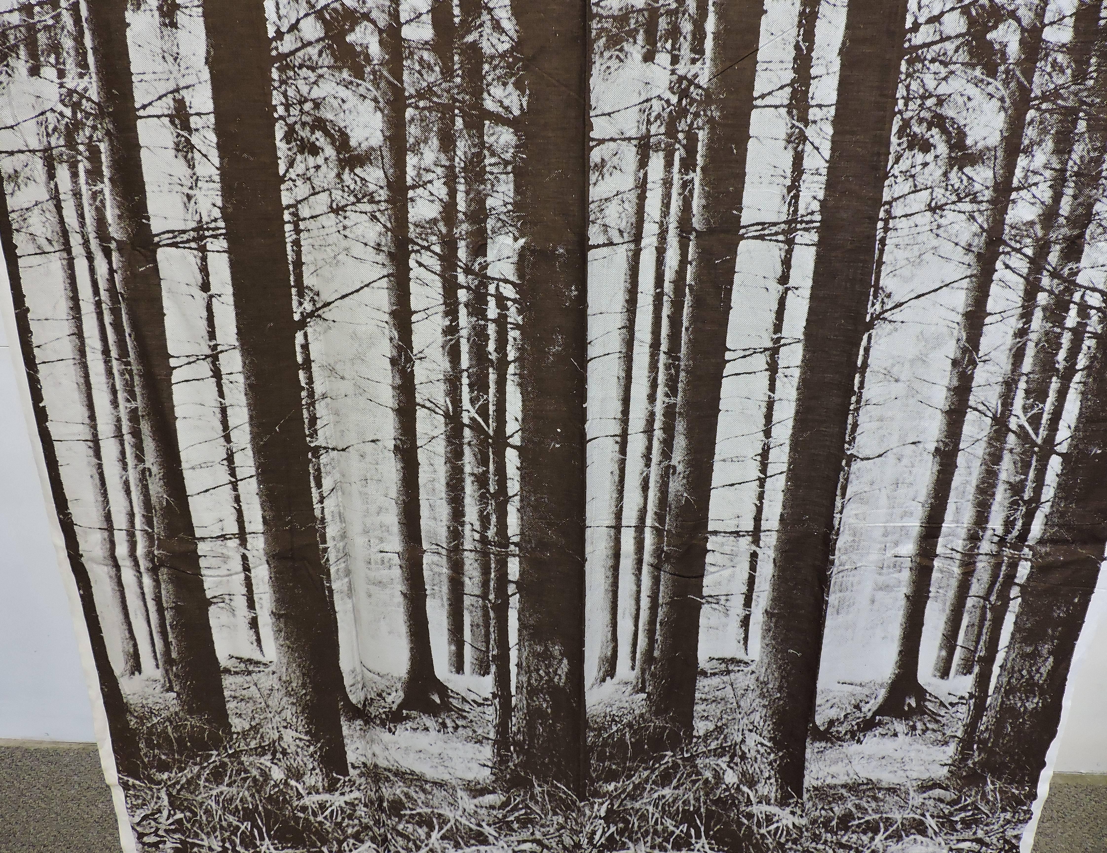 Striking large format photo art print on fabric titled The Pinewood by Robert Hansen and printed by Grautex, Copenhagen. Tall trees in sepia tones have been hand printed on cotton, 97 inches high by 48 inches wide. It can be placed on stretchers and