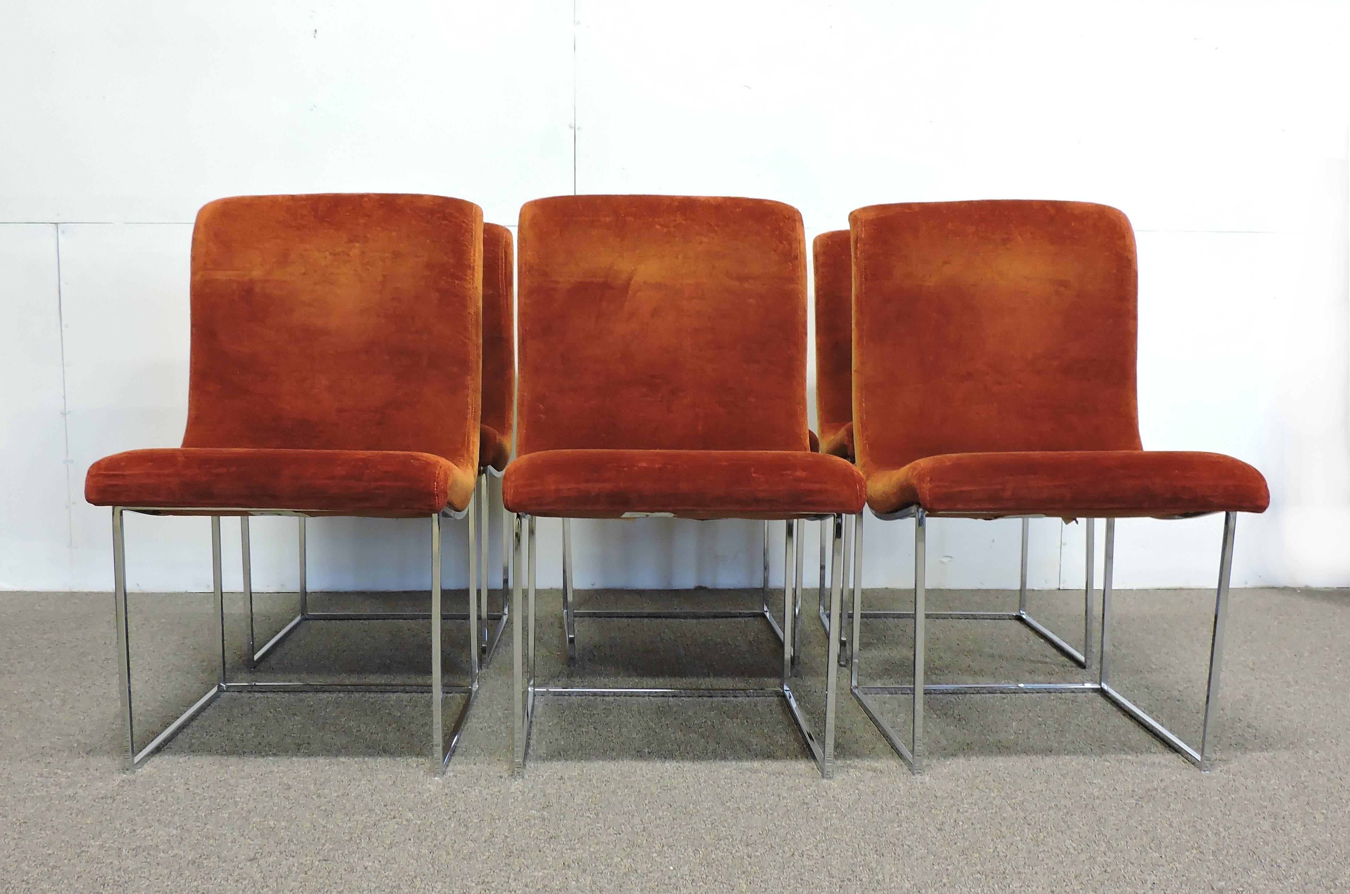 Six Milo Baughman Chrome Scoop Dining Chairs for Thayer Coggin In Good Condition In Chesterfield, NJ