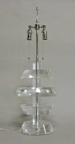 Karl Springer Style Mid-Century Modern Stacked Lucite and Chrome Table Lamp
