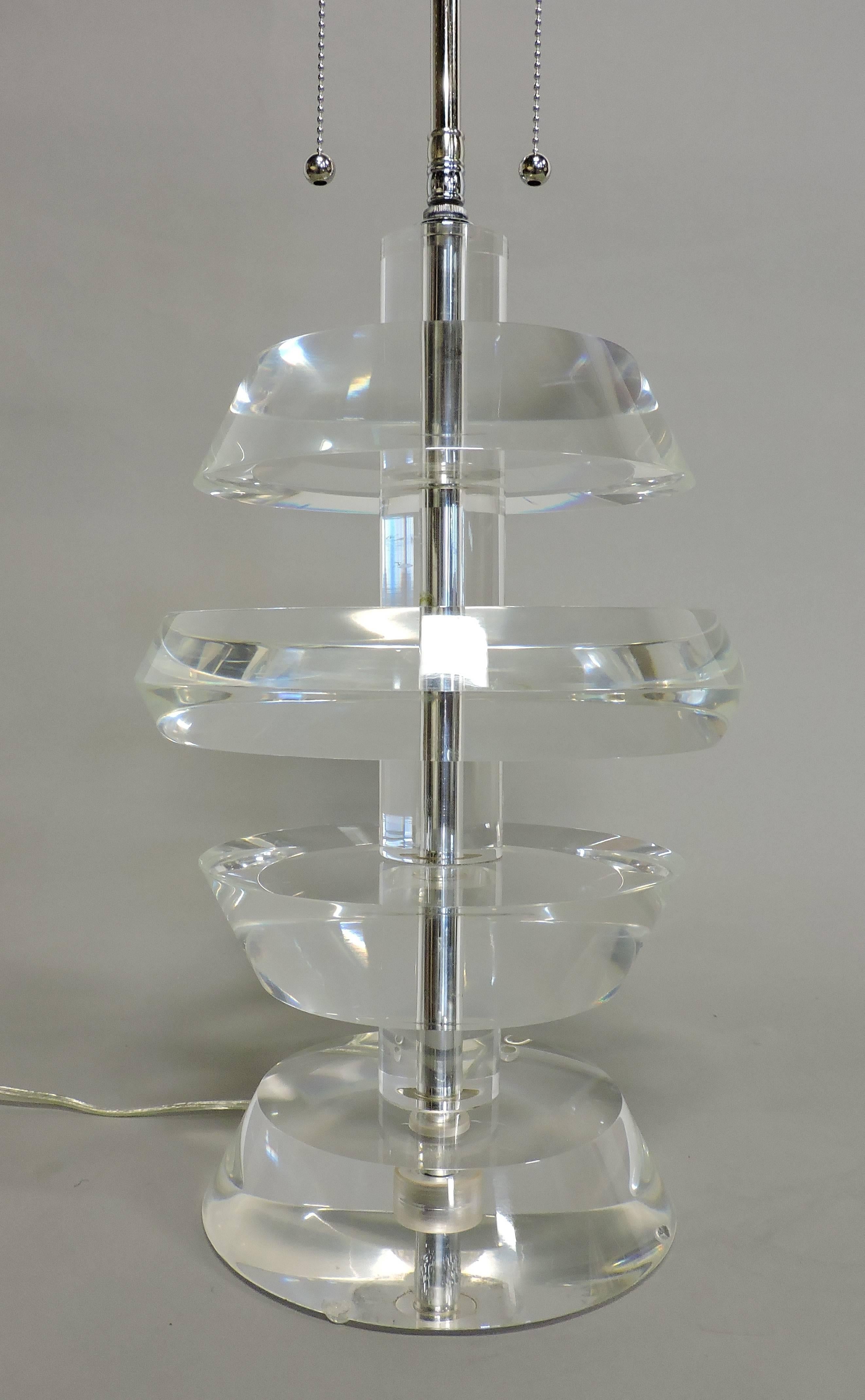 American Karl Springer Style Mid-Century Modern Stacked Lucite and Chrome Table Lamp For Sale