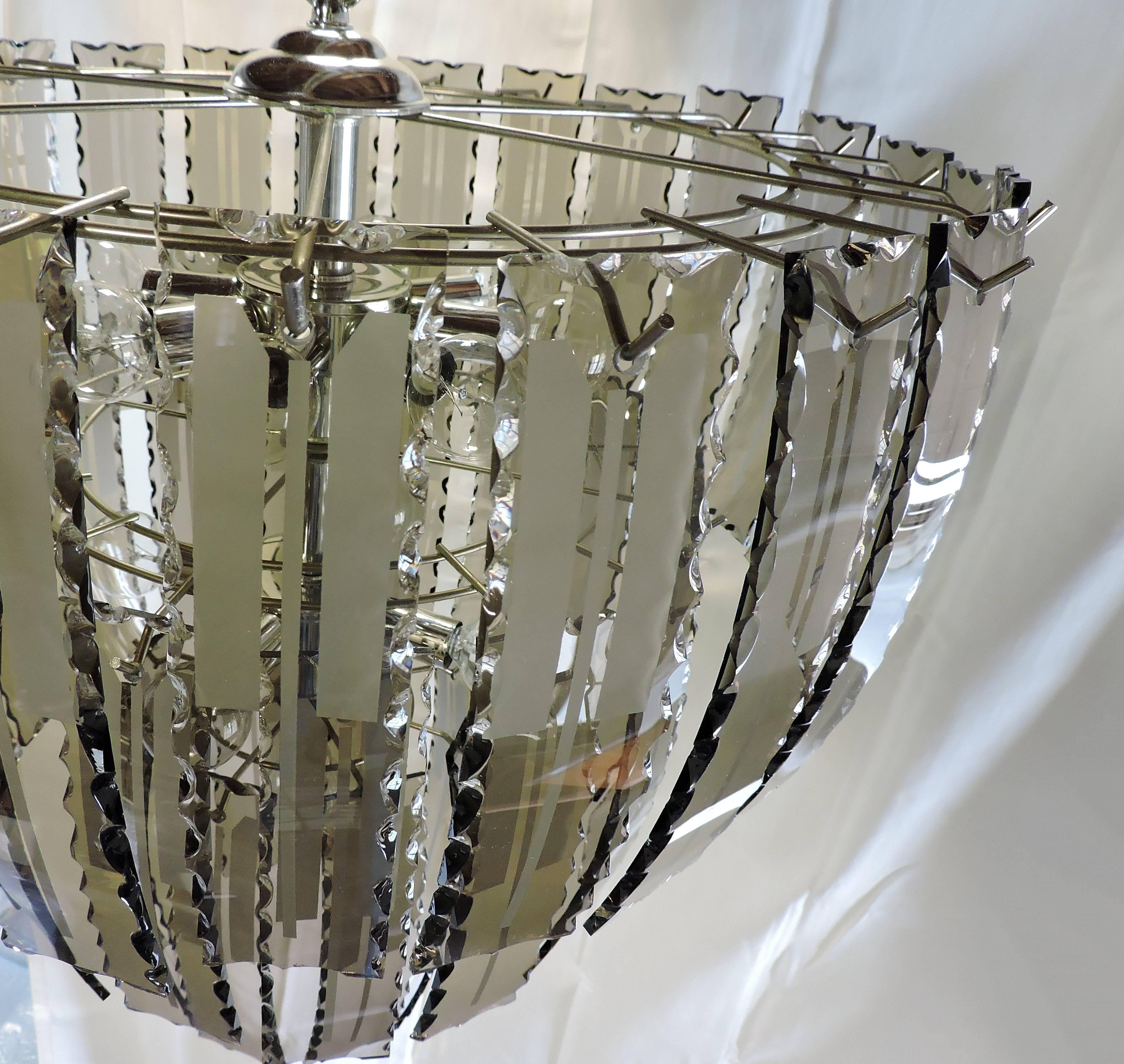 Italian Mid-Century Modern Smoked Glass Chandelier, Fontana Arte Style