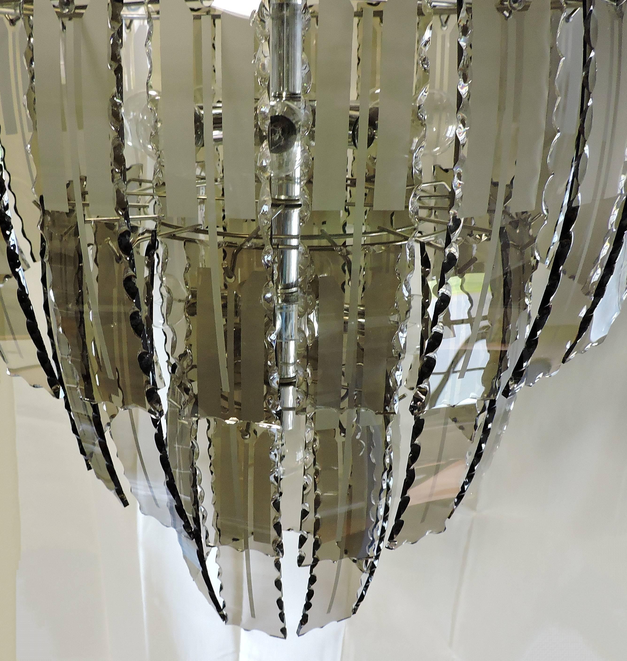 Mid-Century Modern Smoked Glass Chandelier, Fontana Arte Style In Excellent Condition In Chesterfield, NJ