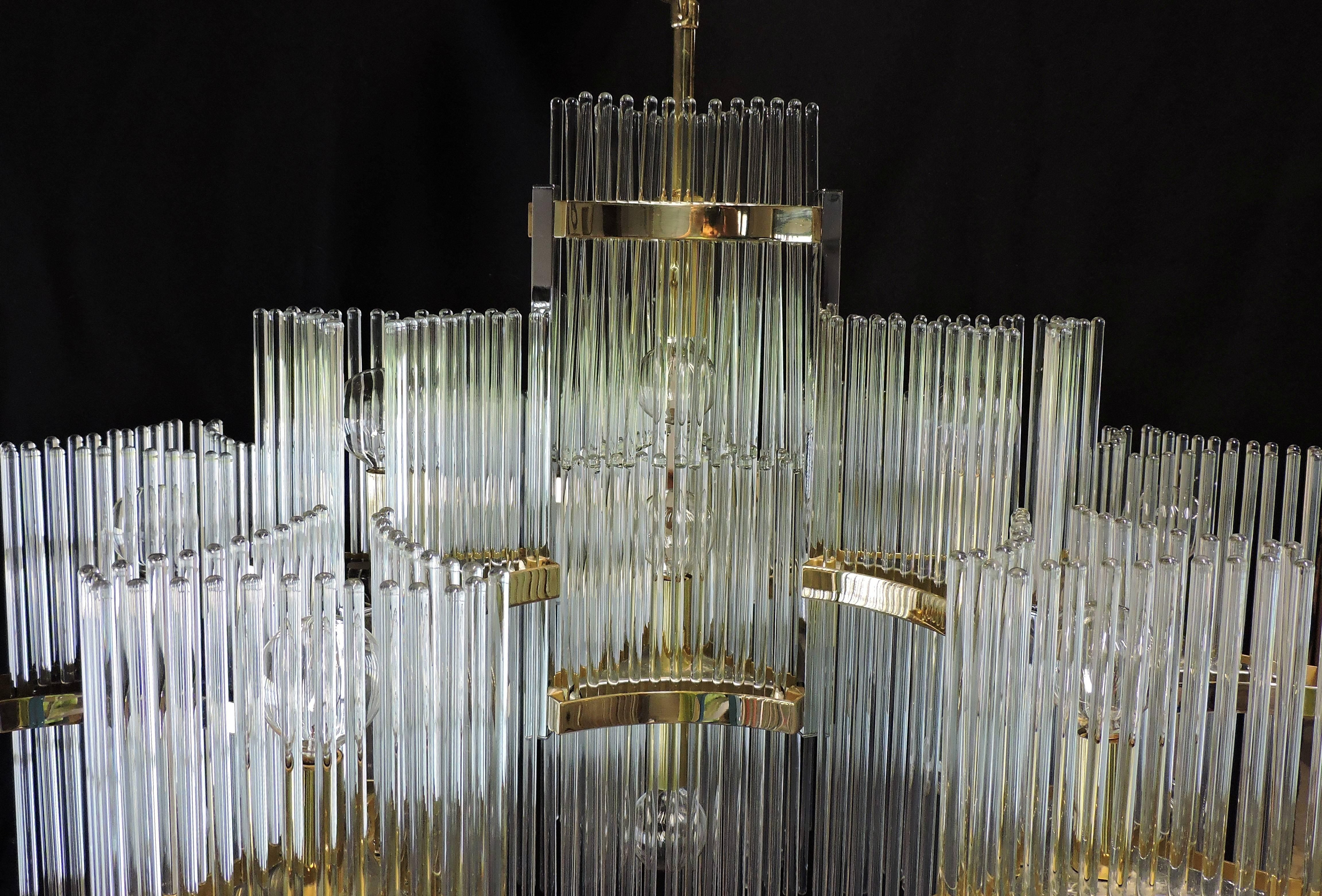 Late 20th Century Gaetano Sciolari Mid-Century Modern Brass & Glass Rod Chandelier for Lightolier
