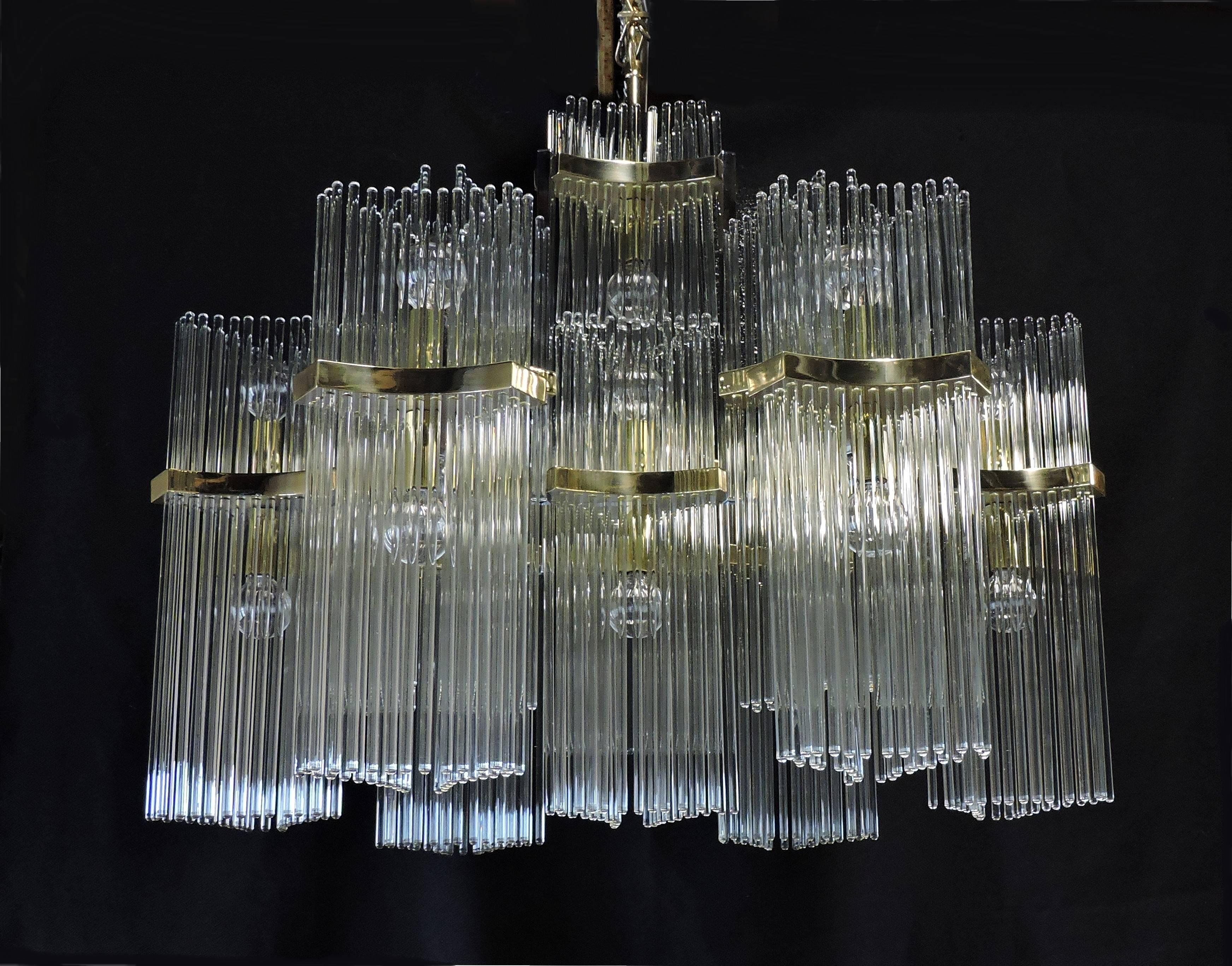 Gaetano Sciolari Mid-Century Modern Brass & Glass Rod Chandelier for Lightolier 1