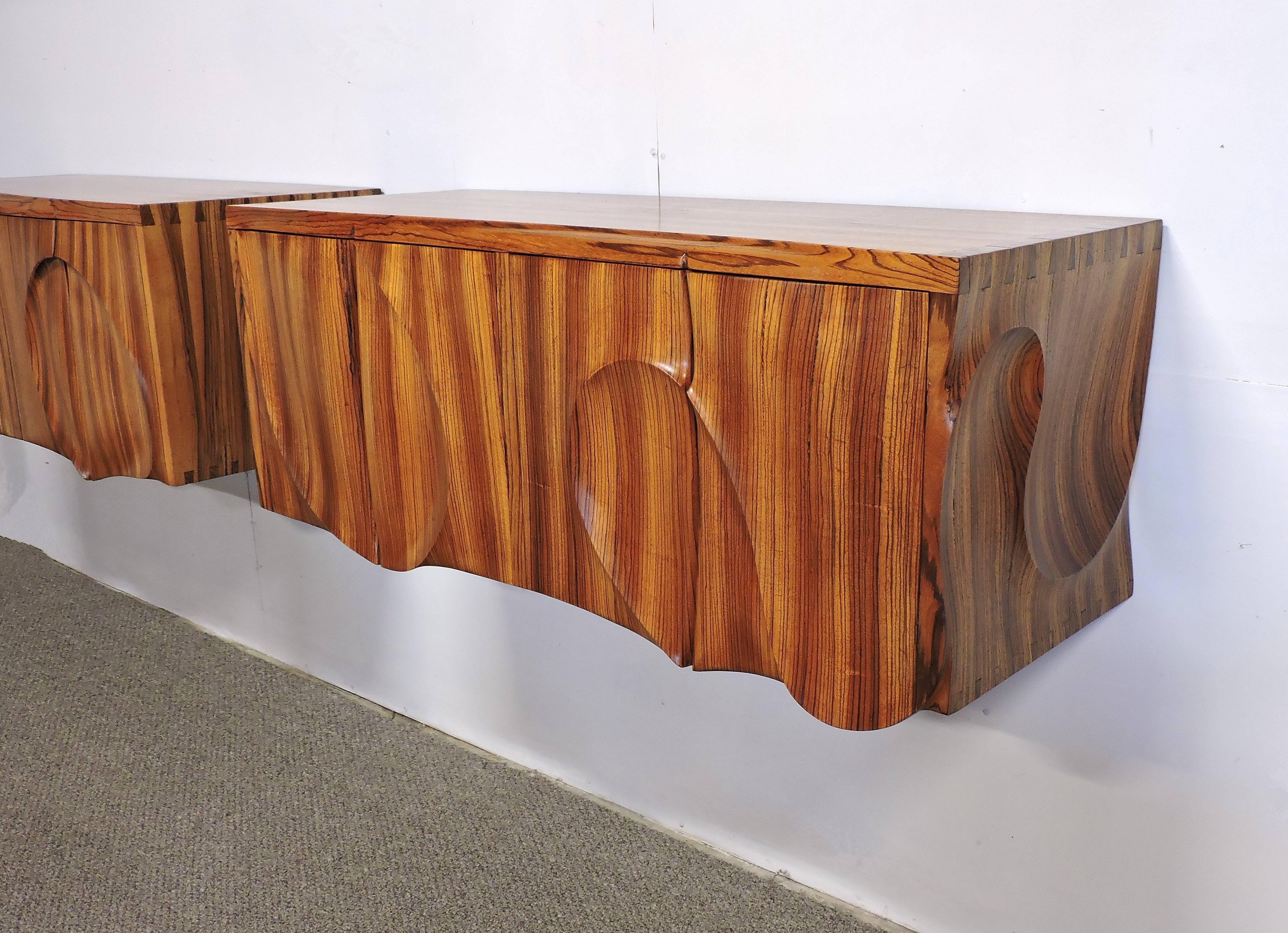 Carved American Studio Phillip Powell Style Mid-Century Modern Zebra Wood Cabinets