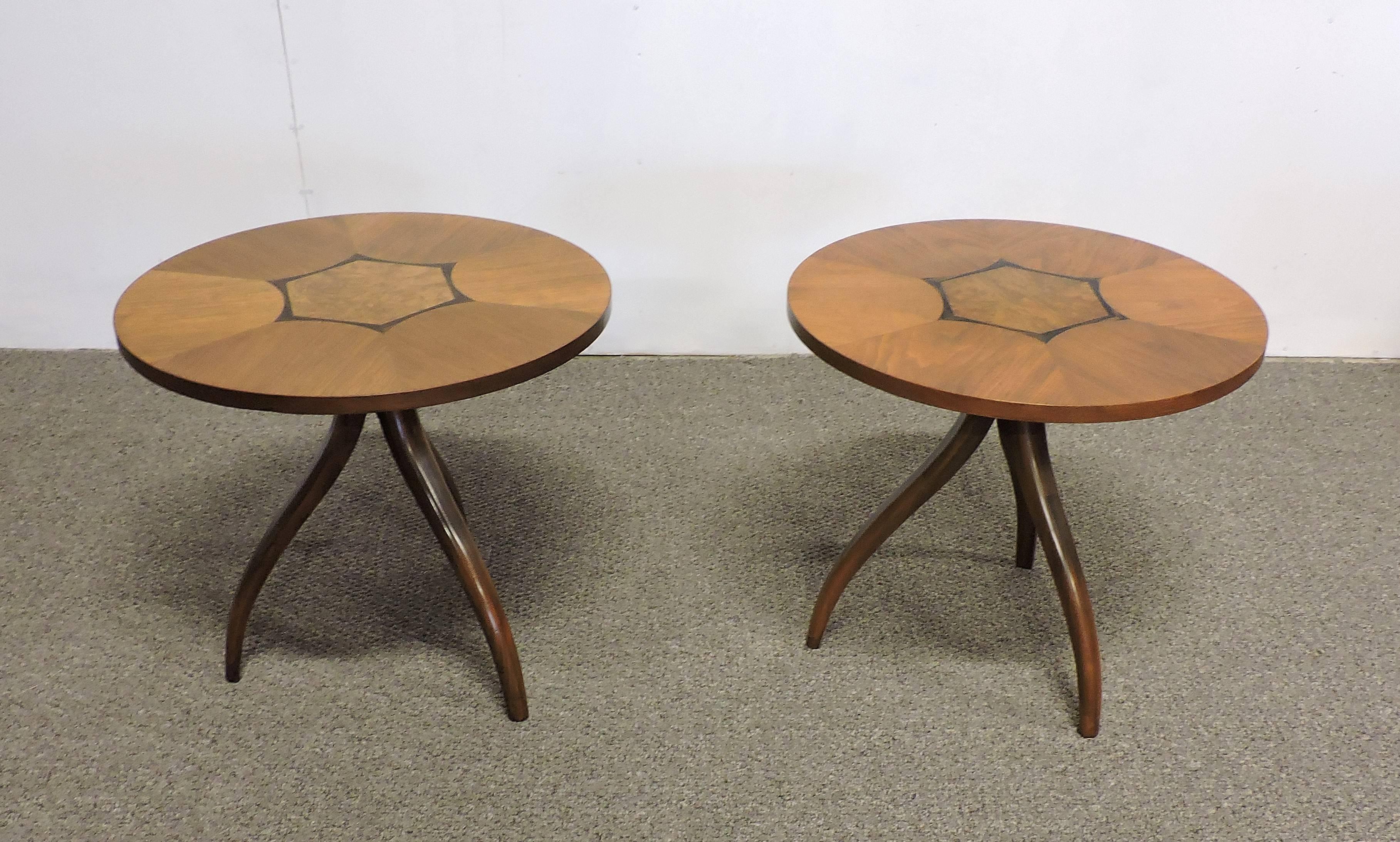 Mid-Century Modern Pair of Gueridon Tripod Walnut Composite End Tables by Drexel 1