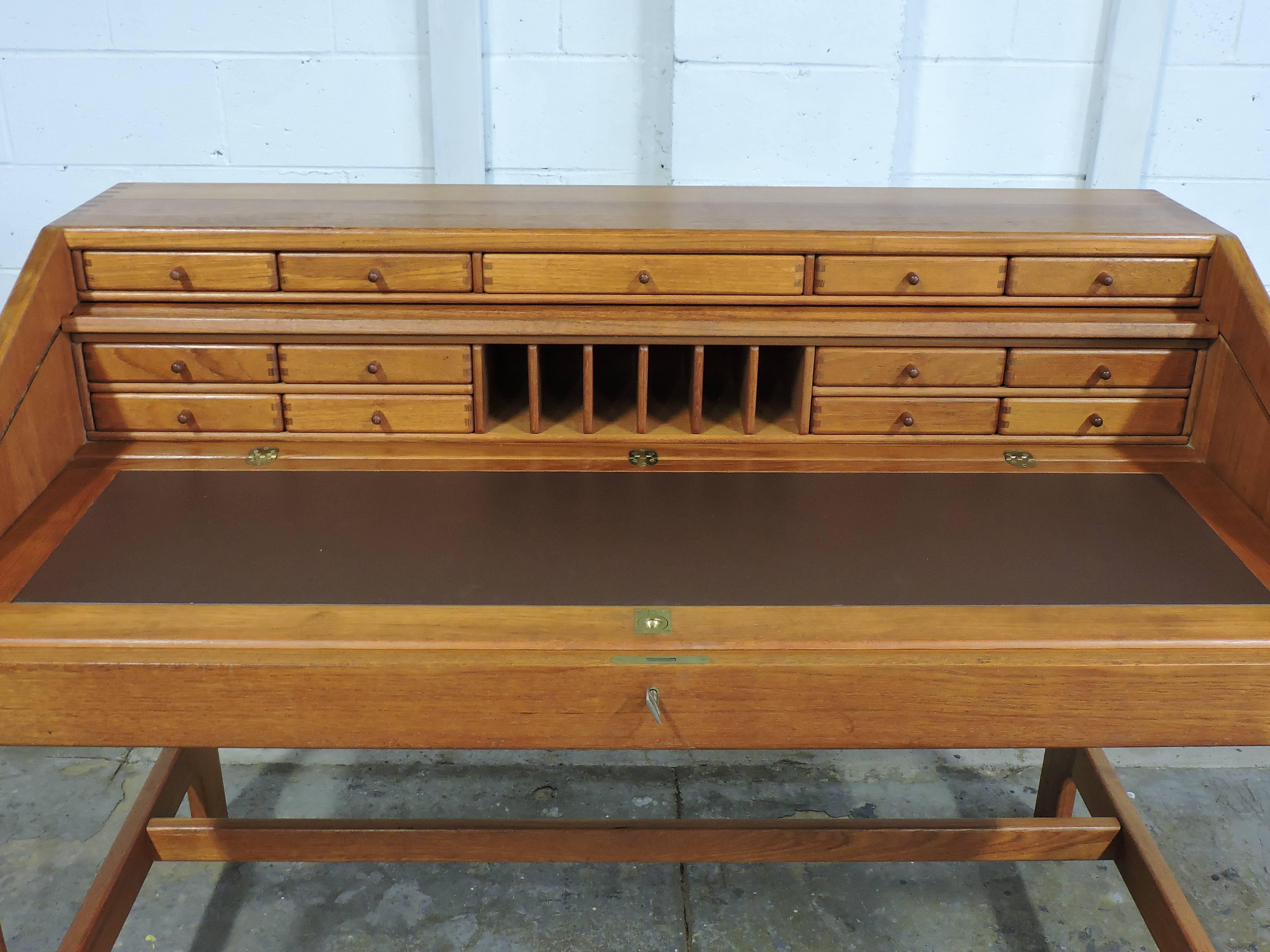 Late 20th Century Midcentury Danish Modern Solid Teak John Mortensen Prince Roll Top Desk