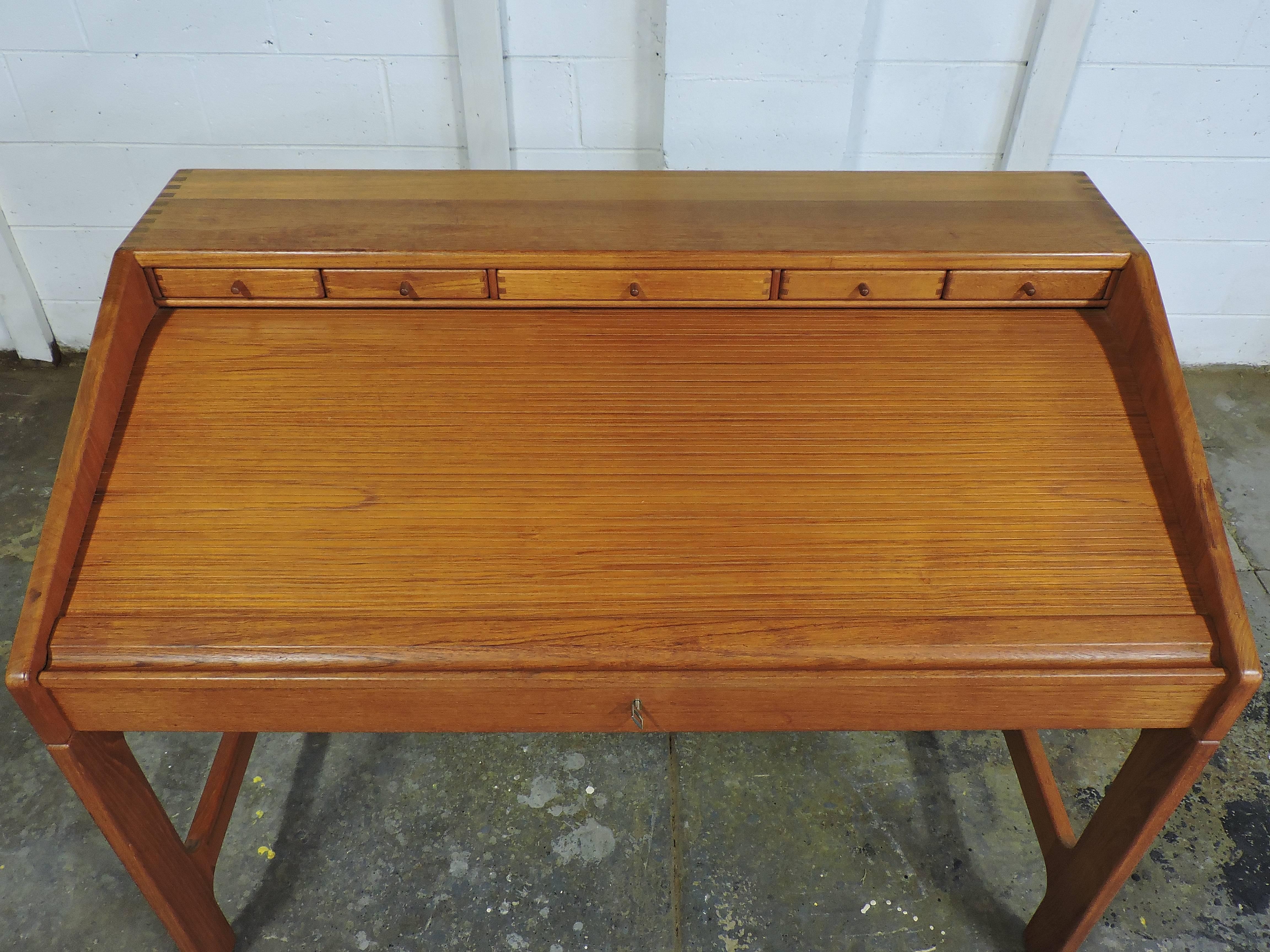 Midcentury Danish Modern Solid Teak John Mortensen Prince Roll Top Desk 1