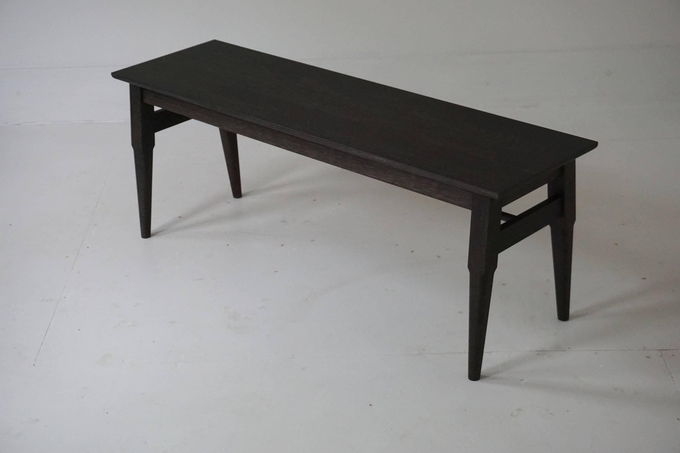 Blackened Reunion Bench Handcrafted Oxidized White Oak Bench Seating with Tapered Legs For Sale