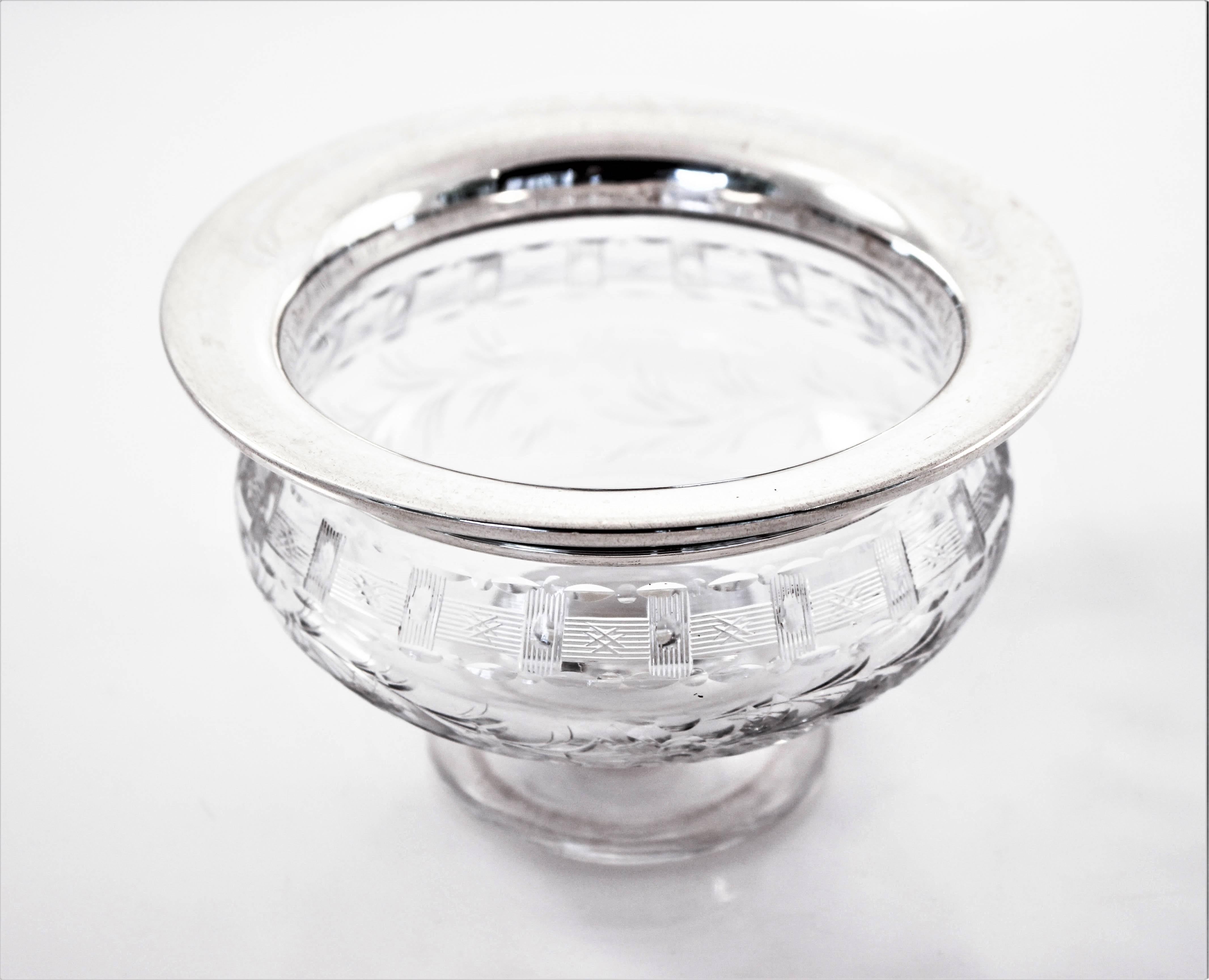 The Hawkes Glass Co. epitomized the finest in cut-glass production, creating over 300 outstandingly beautiful cut and engraved stemware patterns and other pieces. Here’s a lovely example: a crystal bowl on pedestal with a large sterling rim. The